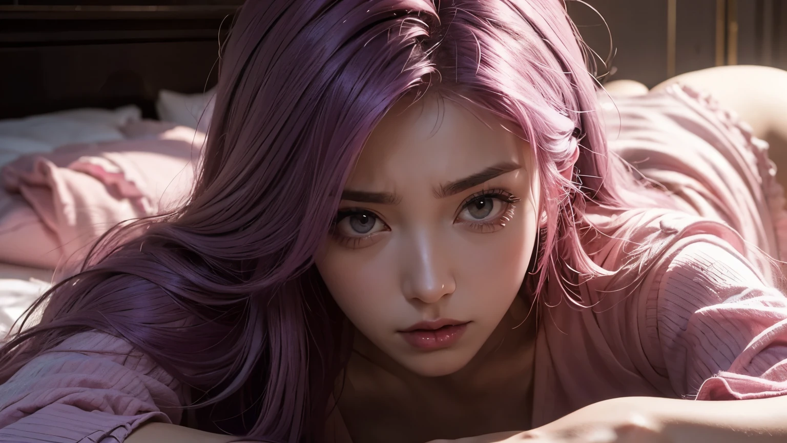 A angry mommy with long light pink soft purple hair, perfect big booba , good quality, detailed beauty face