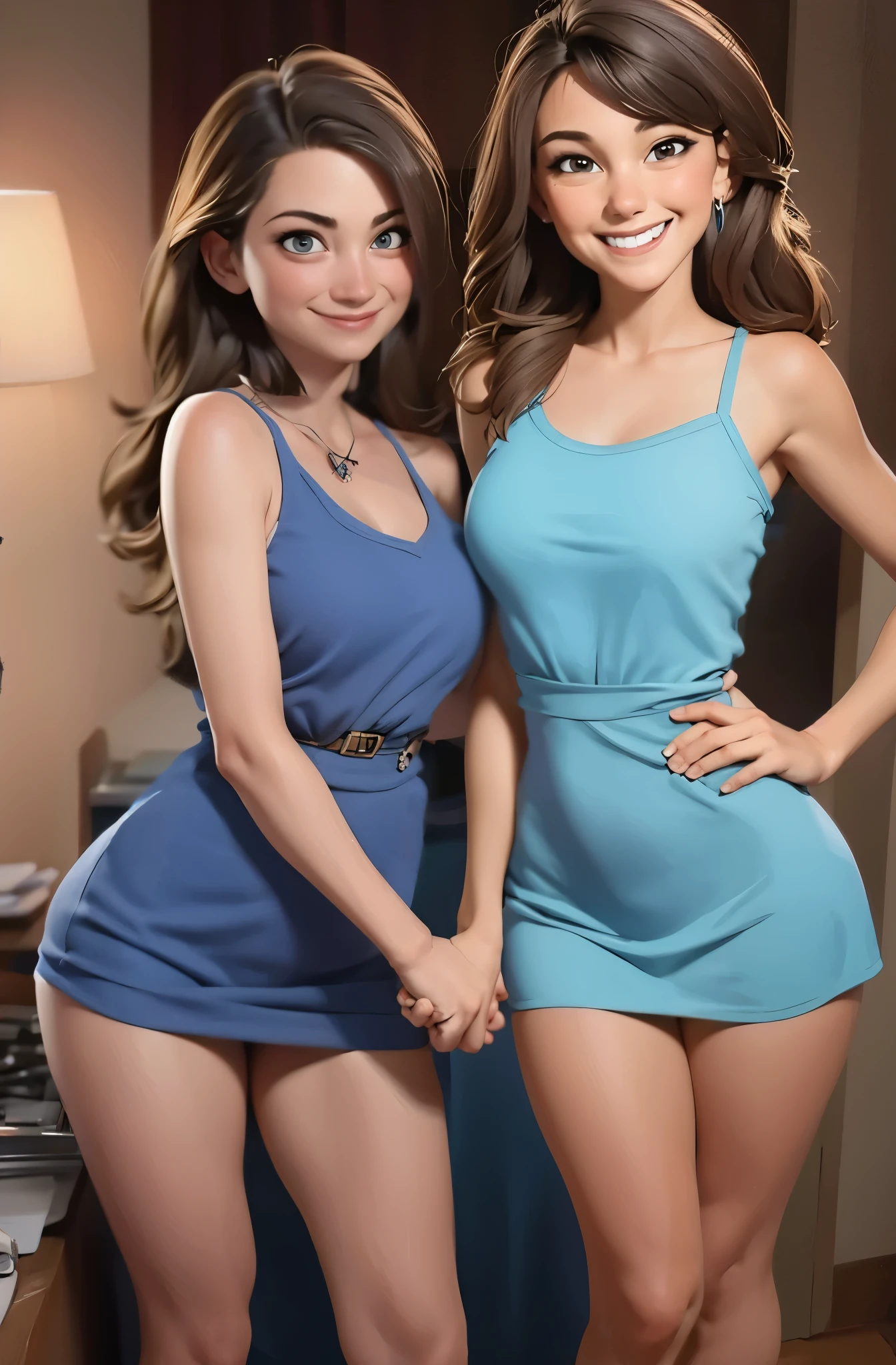 2girls, 20yo, ((naked)), standing next to each other, holding hands, perfect bodies, smiling at viewer. 