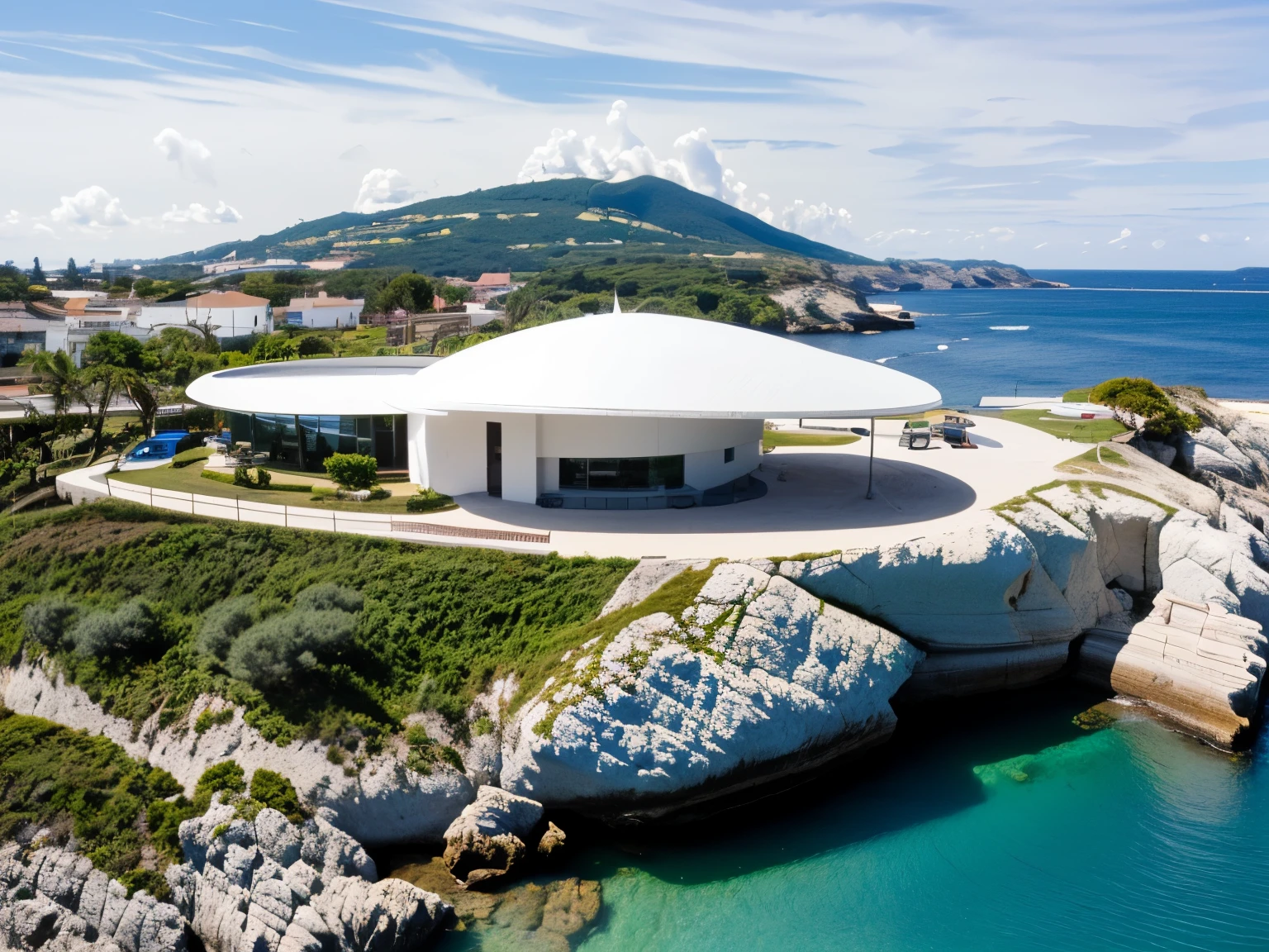 foto crua, (biomorphic museum building seen from outside), ((front elevation)), (limestone), Curvilinear, bordas curvas, Mediterranean sea environment, white sky, (luz difusa:1.3) (areia Branca), estilo minimalista, particulas sujas, fotografia de arquitetura, hiper-realista, super detalhado, 8k, Nikon Z6 mirrorless camera, Film grain