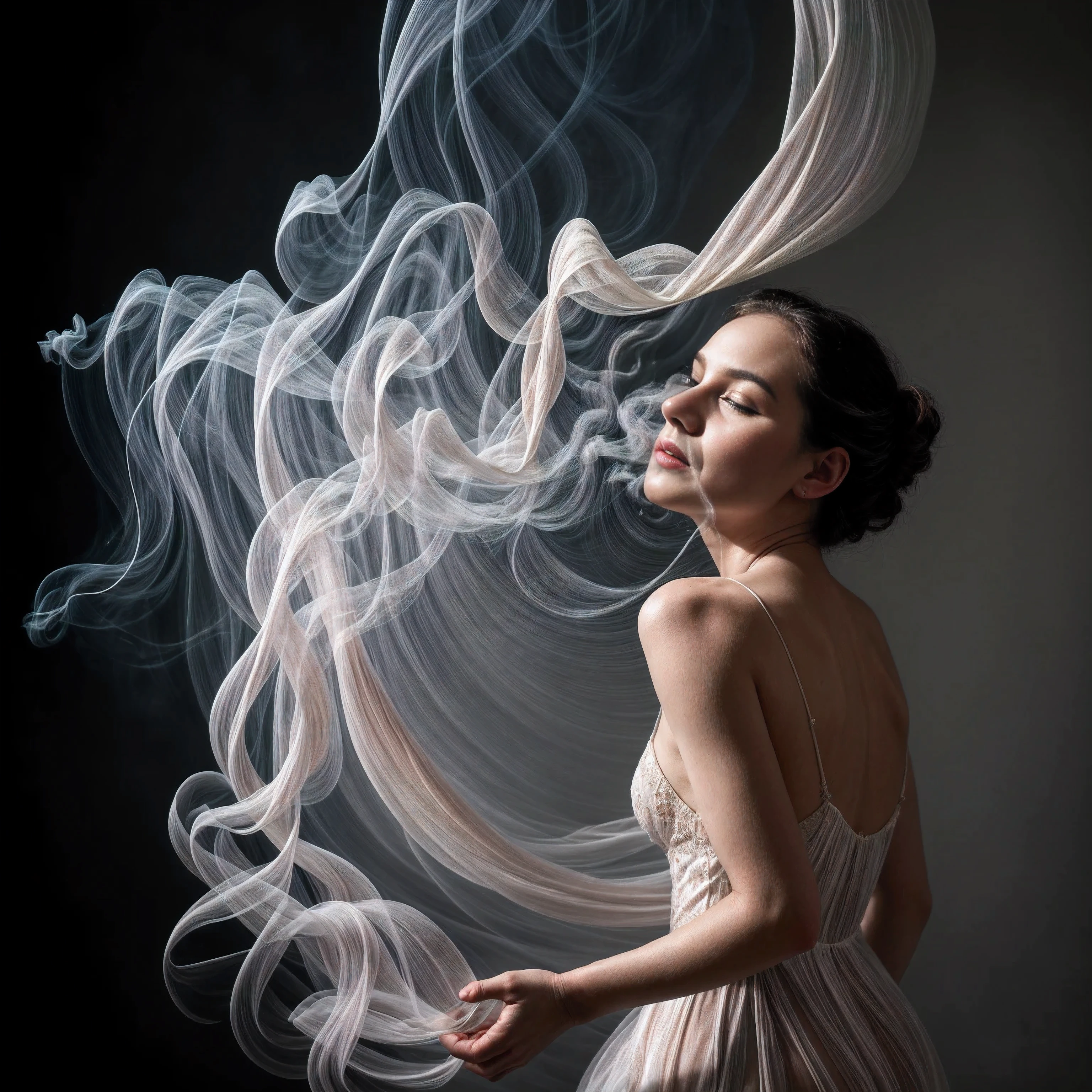 smoke sculpture portrait of a woman, in the style of flowing fabrics, delicate ink washes, dance, juliana nan, clear and crisp, mandy disher, movement and spontaneity captured --ar 73:106 --stylize 750 --v 5.2