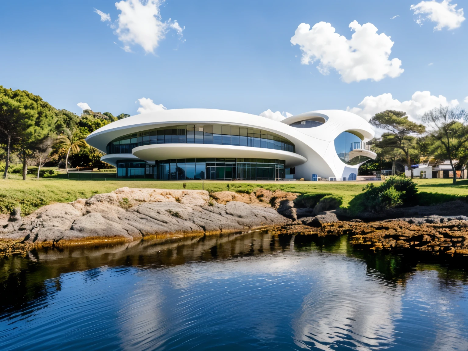 foto crua, (biomorphic museum building seen from outside), ((front elevation)), (limestone), Curvilinear, bordas curvas, Mediterranean sea environment, white sky, (luz difusa:1.3) (areia Branca), estilo minimalista, particulas sujas, fotografia de arquitetura, hiper-realista, super detalhado, 8k, Nikon Z6 mirrorless camera, Film grain