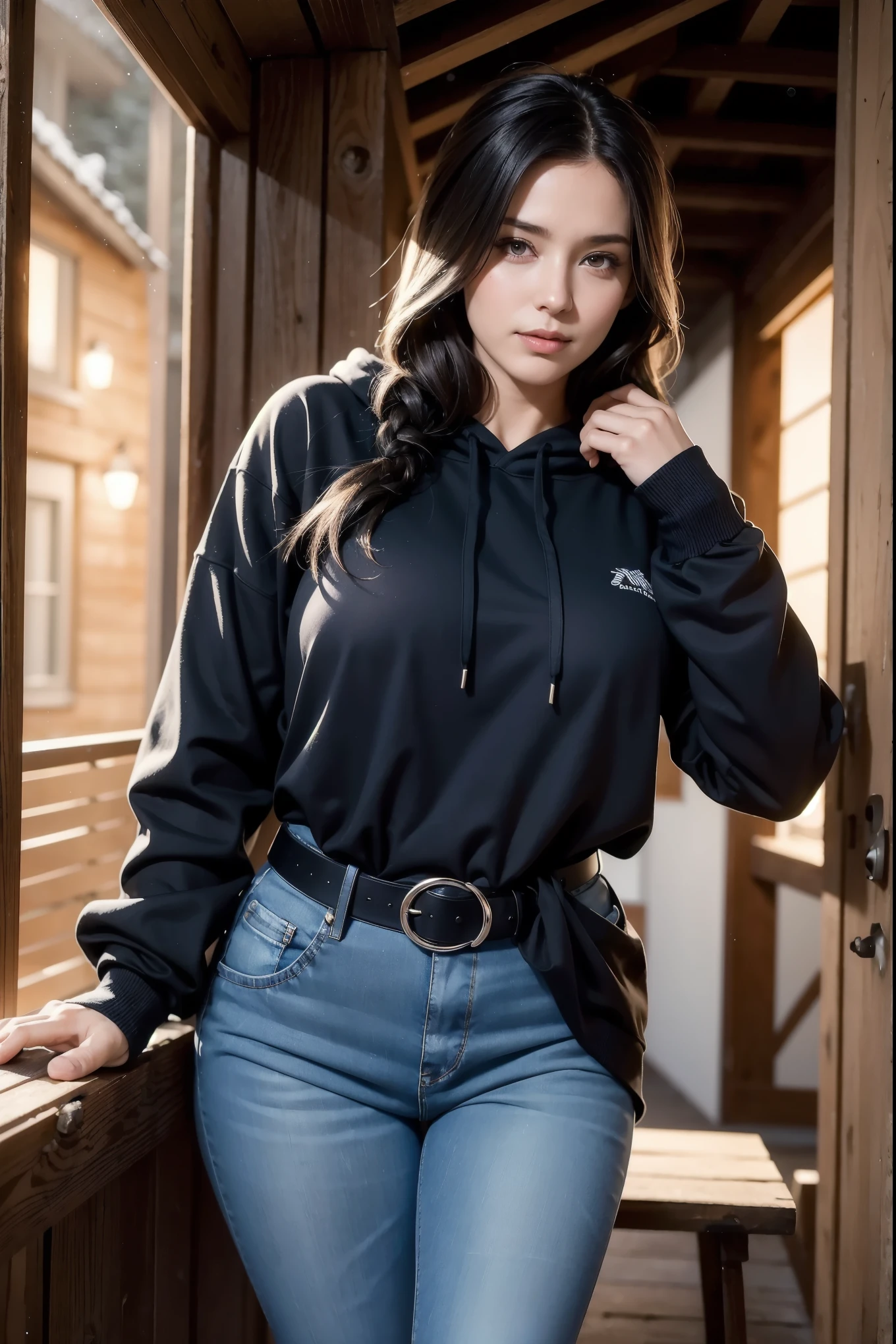 Beautiful sensual woman with a curvy body, lange Haare, Pony, French plait, breiteste Taille, matching breasts, kurviger, betonter Hintern, leuchtende Augen, lange Wimpern, dicke Oberschenkel, Starke Waden, Shy look, taniaayusiregar, She is wearing a black hoodie, schwarze Jeans, Belt, Standing on the veranda of a small mountain hut, Abend im Winter, schneebedeckt, fotorealistisch, Meisterwerk, Bokeh, volumetrische Beleuchtung, Atmosphere of winter season, Nahaufnahme von der Seite
