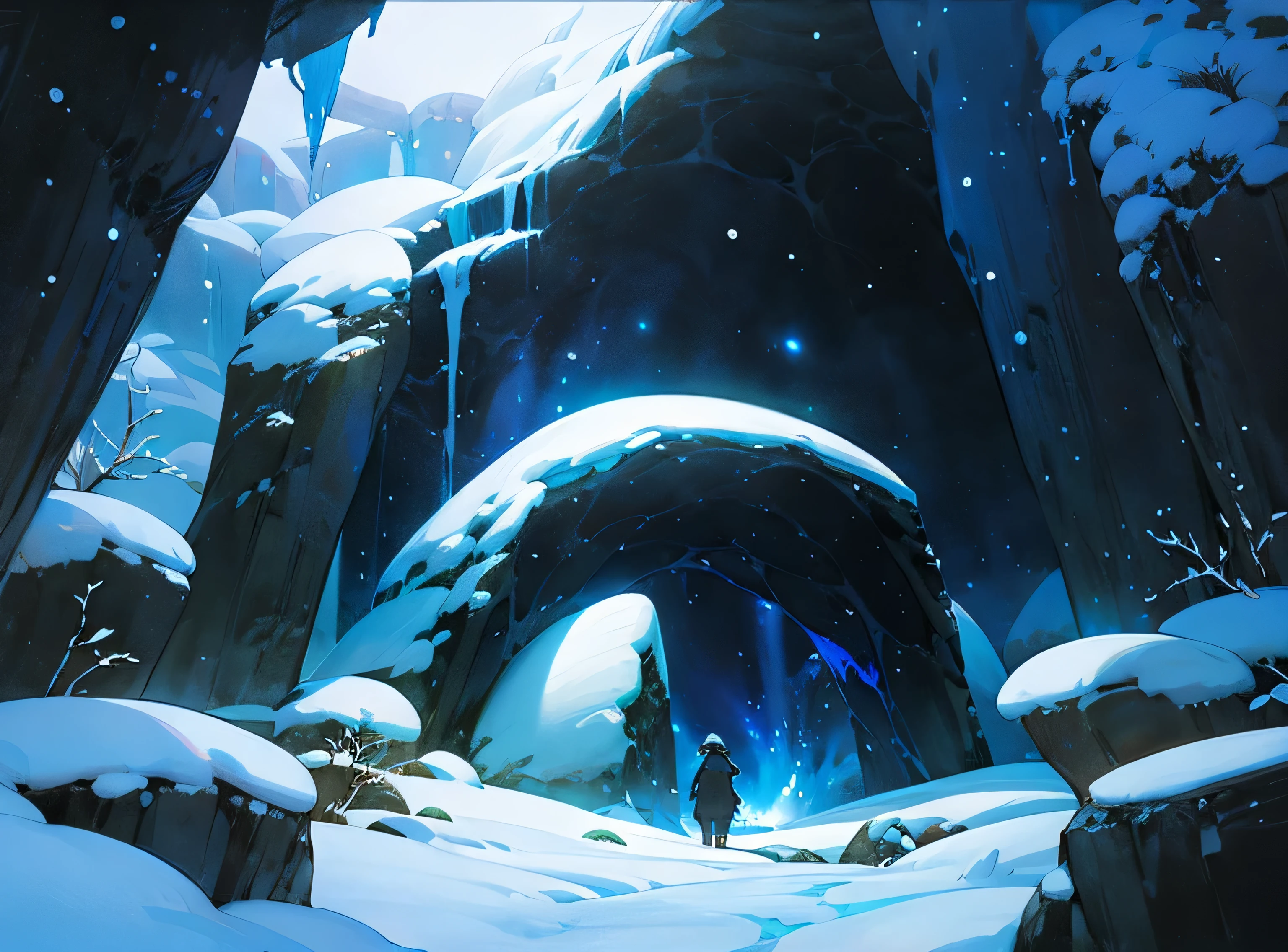 sapphire cave with blizzard winter ghibli unvierse galaxy