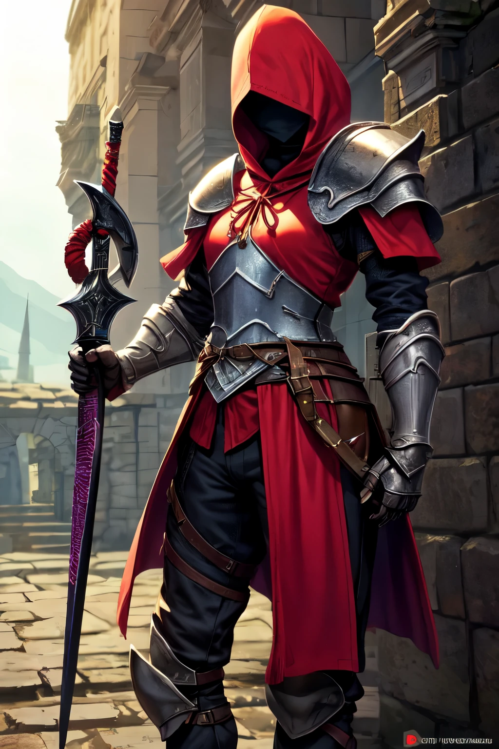 In the lines of dark souls create a crimson assassin with double dagger, peitos grandes, suada. Alta qualidade, detalhada, sombria, luz de fundo