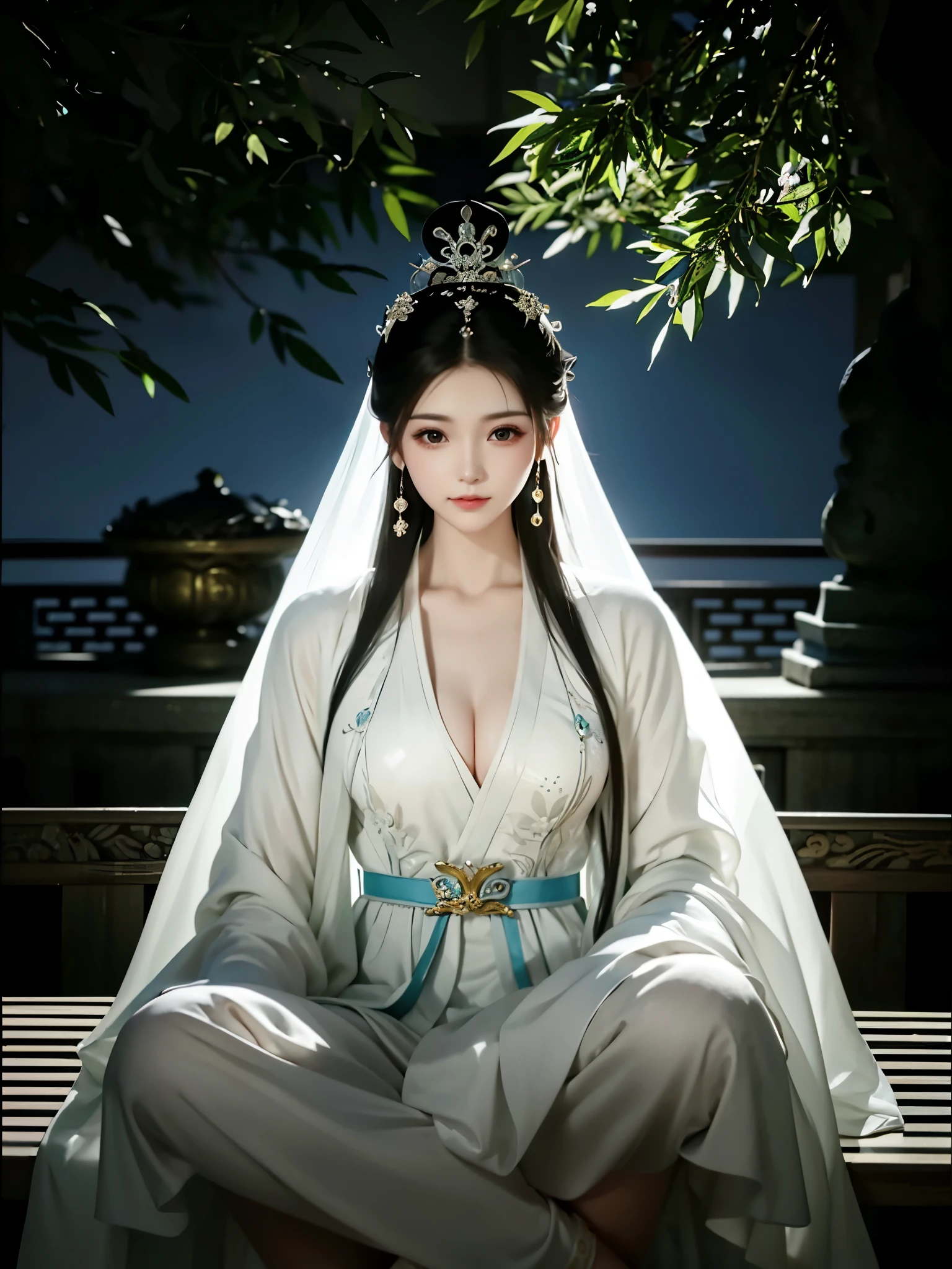 Alafid woman in white dress sitting on bench, beautiful fantasy queen, ((beautiful fantasy queen)), ancient chinese princess, Queen of the Sea Mu Yanling, white hanfu, xianxia fantasy, chinese princess, full body xianxia, ancient chinese beauties, xianxia, palace , A girl wearing Hanfu, Inspired by Zhang Yin