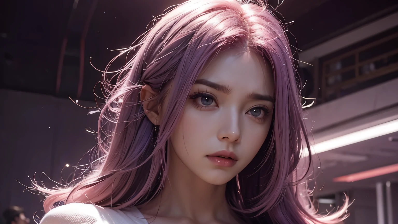 A angry mommy with long light pink soft purple hair, perfect big booba , good quality, detailed beauty face
