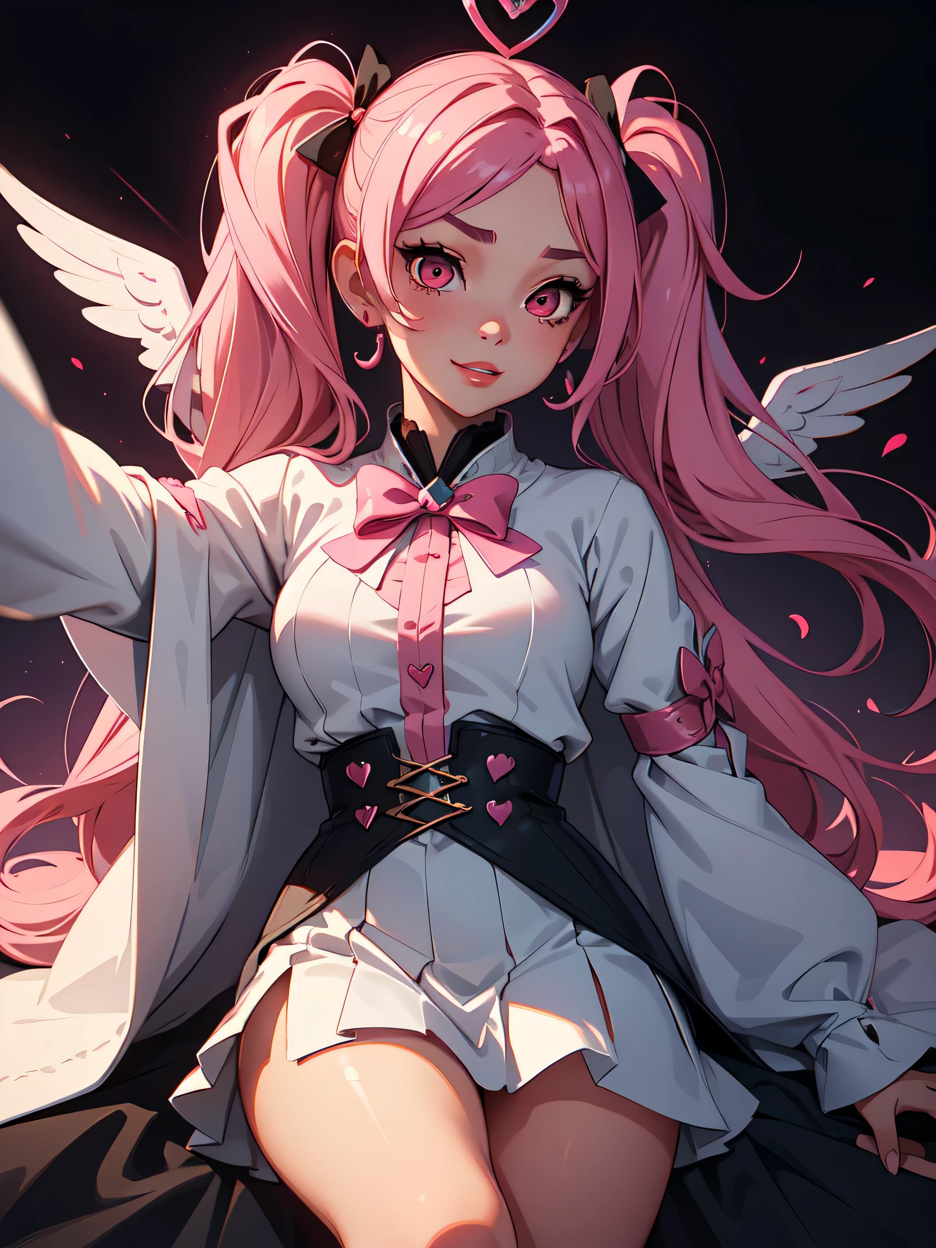 1 girl, bright skin:1.2+, close up, really close, showing only face and upper torso, pink hair++++, twintails++, red eyes+++, plump lips++ thick lips,  angel wings+++, heart symbols++++, bow symbol+, red sky, black clouds+, magical wand+, pink wand+, love wand+, white robe++, jewelry+ short skirt, gold strap+, detailed clothes+, halo++, eyelashes+, evil smirk+++, extremely detailed artgerm, detailed eyes, 4 k digital art, smooth art, posing in the air, sexy pose, selfie++, facing forward, front view++, smilling, sexy, ray tracing