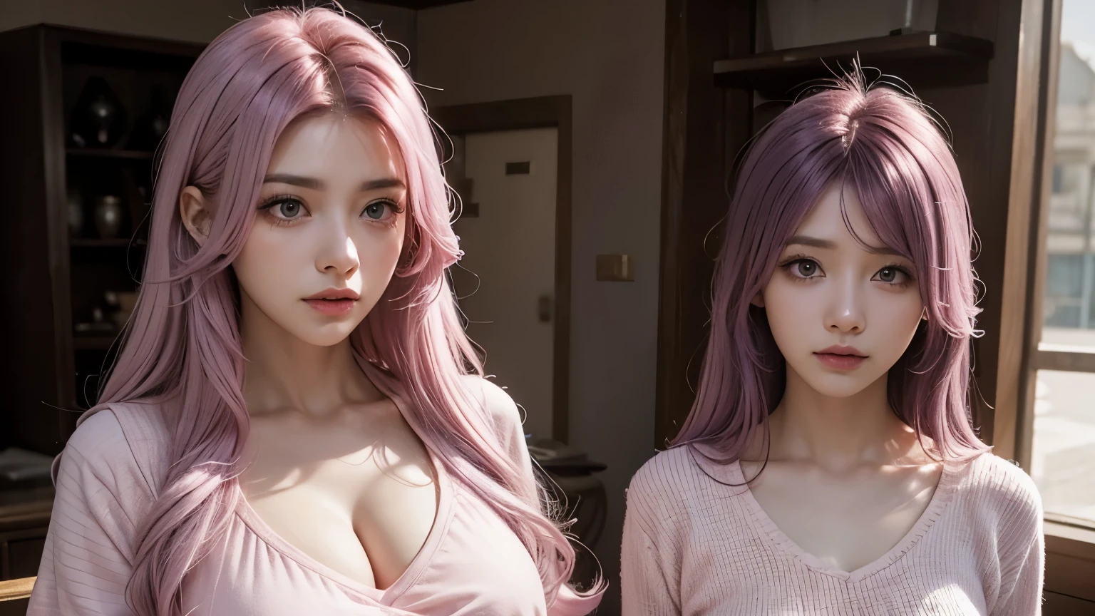 ((pink hair, 2 beautiful young girls, 2 girls kissing touching and hugging each other:1.2)), Super beautiful detailed face, (Beautiful accentuated super huge enormously gigantic breasts, cleavage and underboob showing:1.3), (Slender body:1.2), (crop tank top and mini thong), twintail, pubic hair, cameltoe details, bedroom, (Fine face:1.2), conceptual art, High quality, Realistic, extremely detailed CG unified 8k wallpaper, ighly detailed, High-definition raw color photos, professional photograpy, Realistic portrait, Cinematic Light, Beautiful detailed, Super Detail, high details, Sexy Art, Open your legs, Super delicate illustration details,