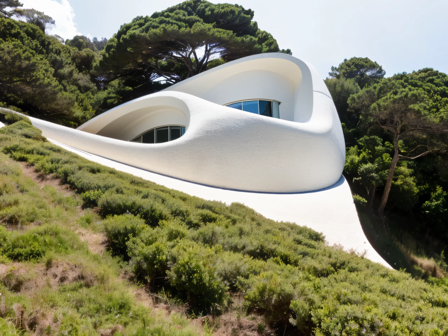 foto crua, (biomorphic museum building seen from outside), ((front elevation)), (limestone), Curvilinear, bordas curvas, Mediterranean sea environment, white sky, (luz difusa:1.3) (areia Branca), estilo minimalista, particulas sujas, fotografia de arquitetura, hiper-realista, super detalhado, 8k, Nikon Z6 mirrorless camera, Film grain