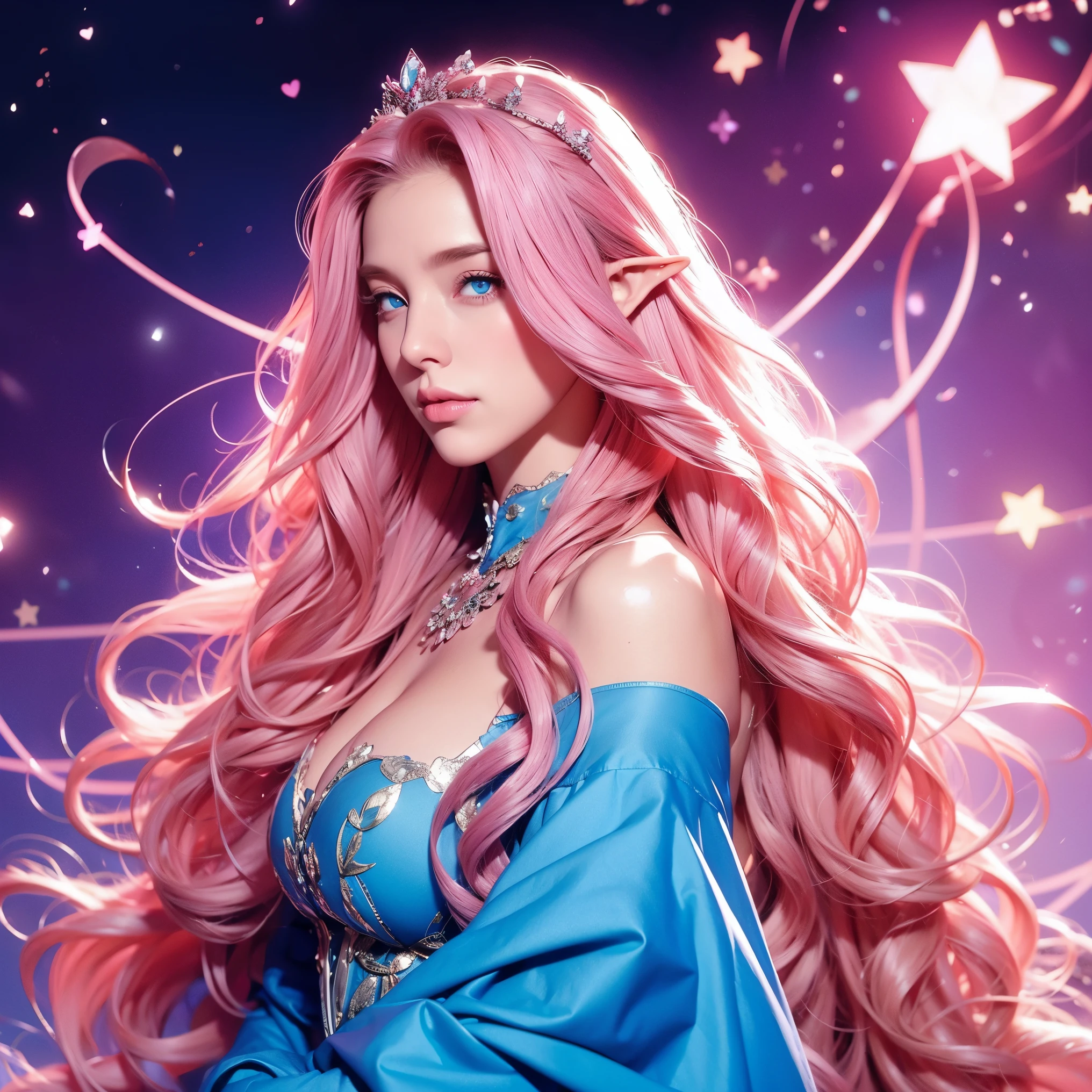 Woman, long curly hair, pink hair, blue eyes, elf, queen, sexy outfit, star magic background, magic, crown