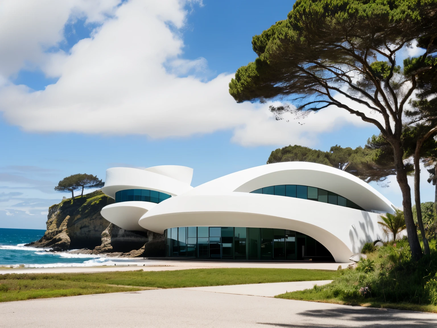 foto crua, (biomorphic museum building seen from outside), ((front elevation)), (limestone), Curvilinear, bordas curvas, Mediterranean sea environment, white sky, (luz difusa:1.3) (areia Branca), estilo minimalista, particulas sujas, fotografia de arquitetura, hiper-realista, super detalhado, 8k, Nikon Z6 mirrorless camera, Film grain