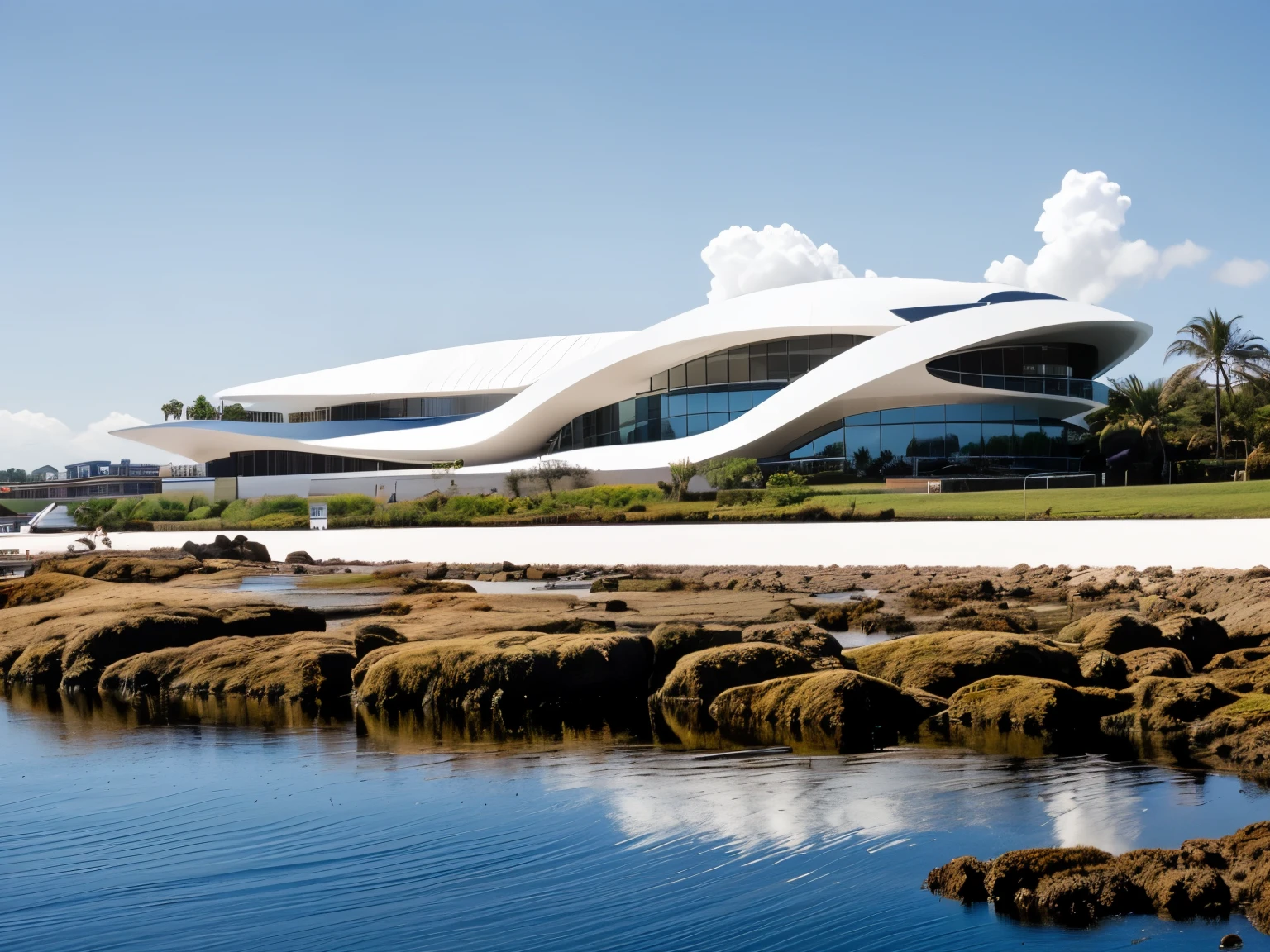 foto crua, (biomorphic museum building seen from outside), ((front elevation)), (limestone), Curvilinear, bordas curvas, Mediterranean sea environment, white sky, (luz difusa:1.3) (areia Branca), estilo minimalista, particulas sujas, fotografia de arquitetura, hiper-realista, super detalhado, 8k, Nikon Z6 mirrorless camera, Film grain