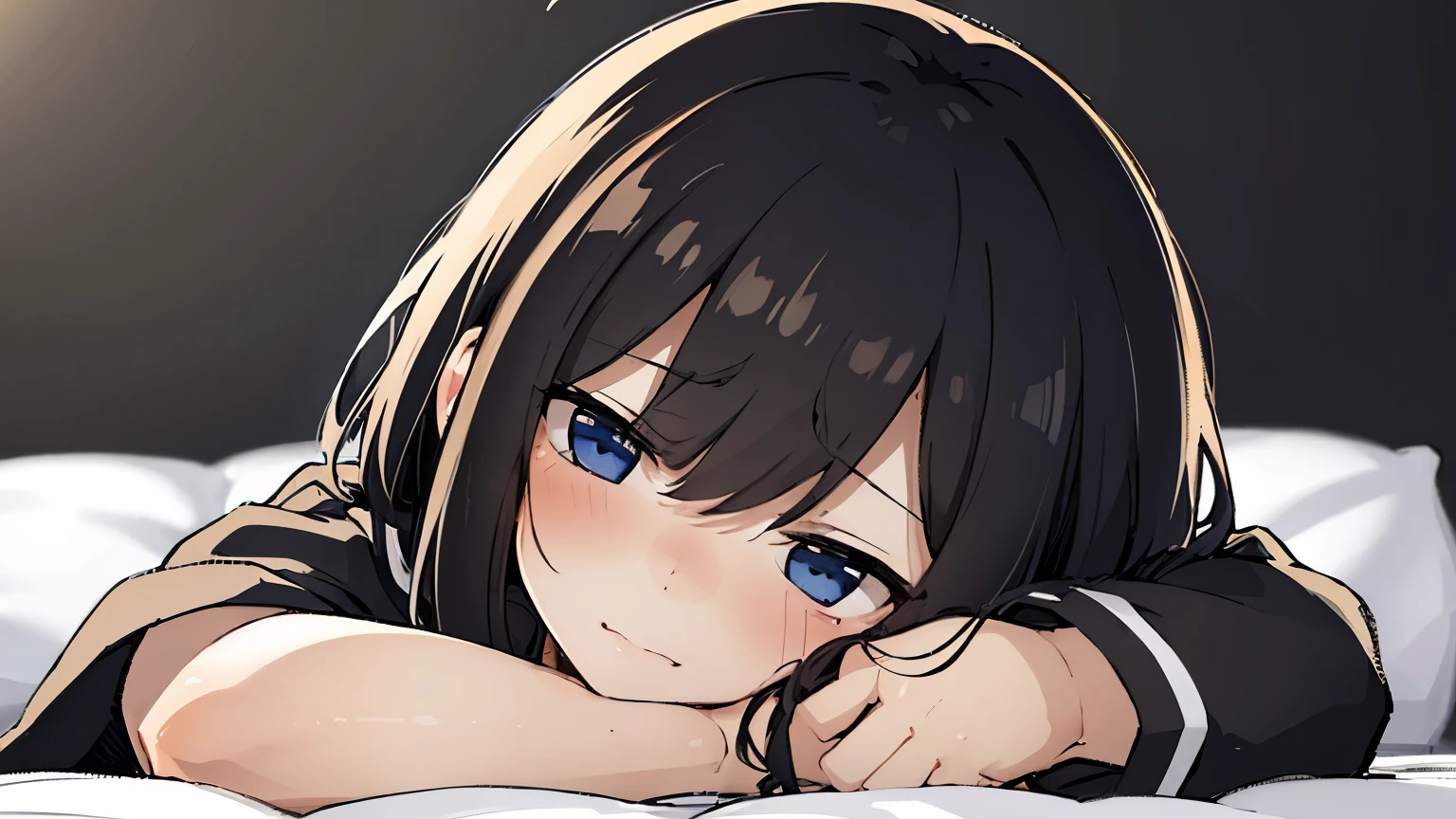 (masterpiece, highres) 1girl, solo, alone, side angle view, looking up, lying on bed, wide shot, tired, emotionless expression, school uniform, black hair, navy blue pleated skirt, white wall, on bed, side view, arm over head, (staring upward while lying down), detailed blue eyes, perfect side profile, perfect anatomy, detailed black hair, shiny blue eyes, sleepy, tired expression:1