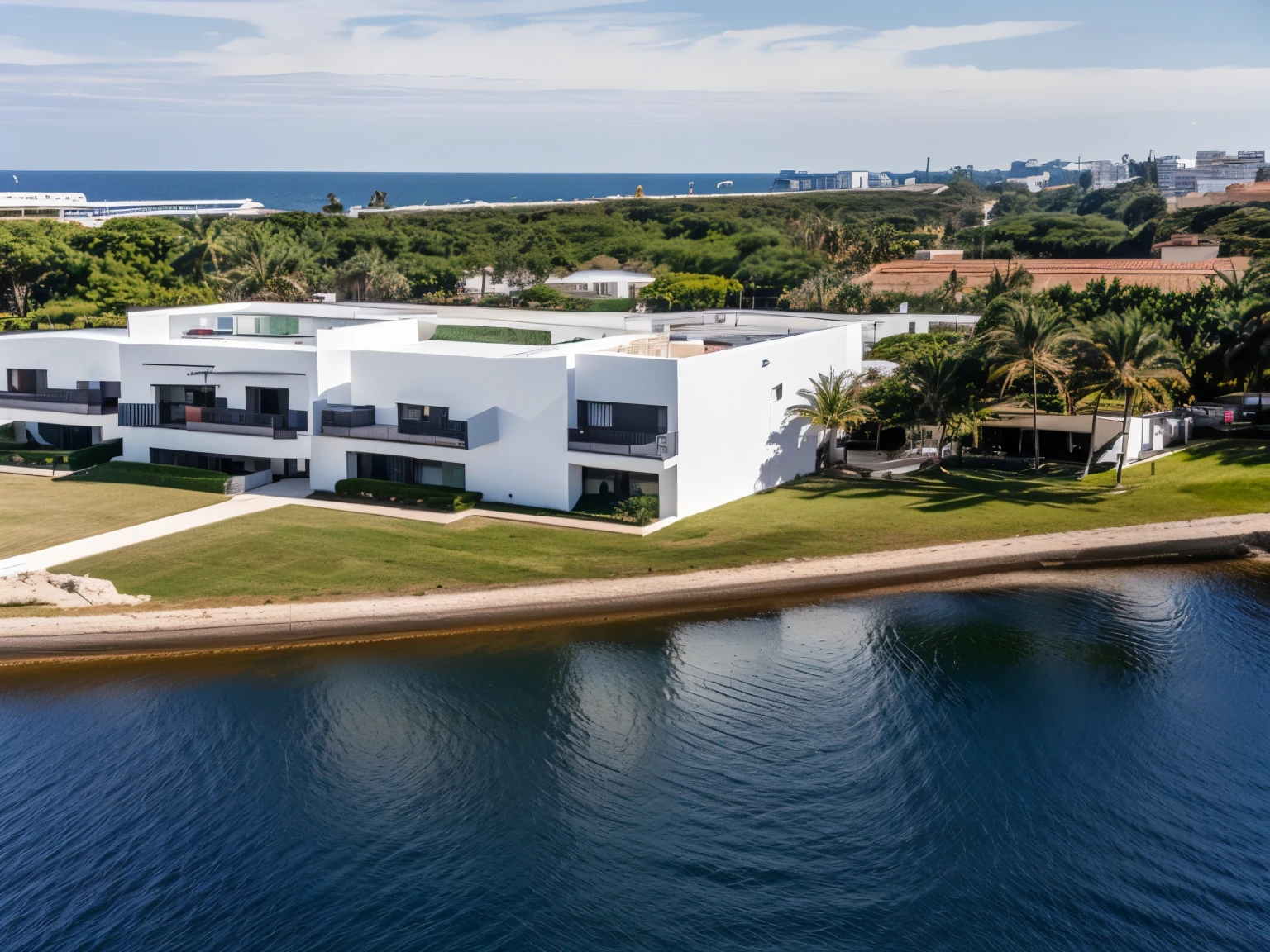 foto crua, (avant-garde residential building seen from the outside), ((front elevation)), (limestone), Curvilinear, Mediterranean sea environment, white sky, (luz difusa:1.3) (areia Branca), estilo minimalista, particulas sujas, fotografia de arquitetura, hiper-realista, super detalhado, 8k, Nikon Z6 mirrorless camera, Film grain