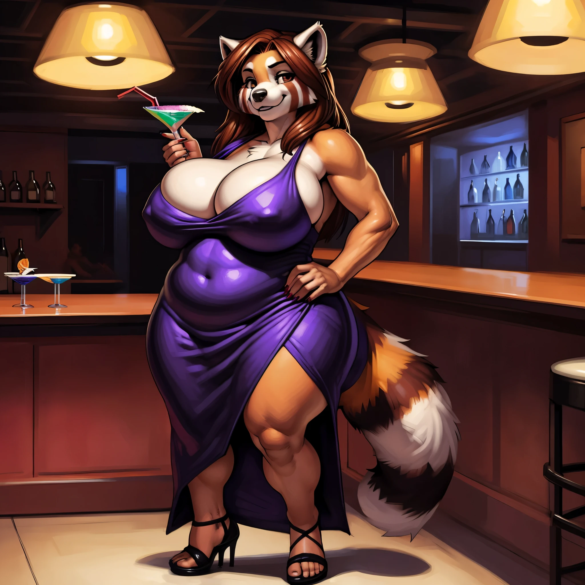 By darkgem, by meesh, by kevinsano, by gillpanda, solo, soft figure, curvy, chubby, bbw, fat, heavy, red panda, female, milf, older woman, furry body, wide body, short woman, shortstack, wide hips, thick legs, chunky ass, big arms, (massive breasts:1.2), heavy breasts, warm brown eyes, highly detailed eyes, auburn hair, long hair, milf, fluffy, topless, large areolae, (black cocktail dress:1.9), (black stiletto heels:1.4), breasts covered, cleavage, big fluffy tail, Masterpiece, best quality, absurd res, highly detailed, cleanly drawn eyes, anthro only, (nightclub:1.2), indoors, inside, shadowy figures in background, smiling, looking at viewer, standing upright, hands behind back