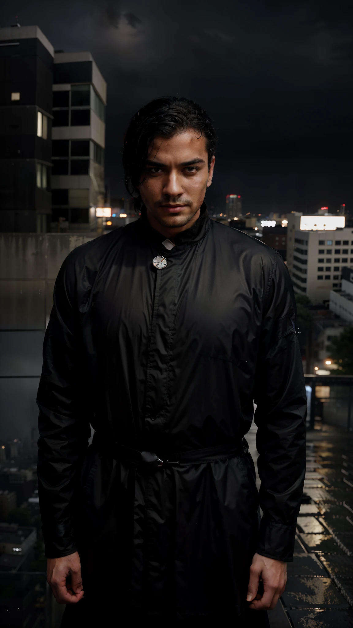 /imagining prompt: realistic, personality: [Cut to a medium shot of Anfal bin Qaiser standing on a rooftop, overlooking the rain-soaked city. Raindrops drip from his slicked-back hair, and he gazes down with a calculating expression. His eyes reflect a mix of confidence and focus. The streetlights behind him cast a subtle backlight, accentuating his silhouette against the dark sky. Despite the rain, he remains composed, betraying no sign of stress or fear. The camera pans slightly, capturing the cityscape below and emphasizing his elevated position.]unreal engine, hyper real --q 2 --v 5.2 --ar 16:9