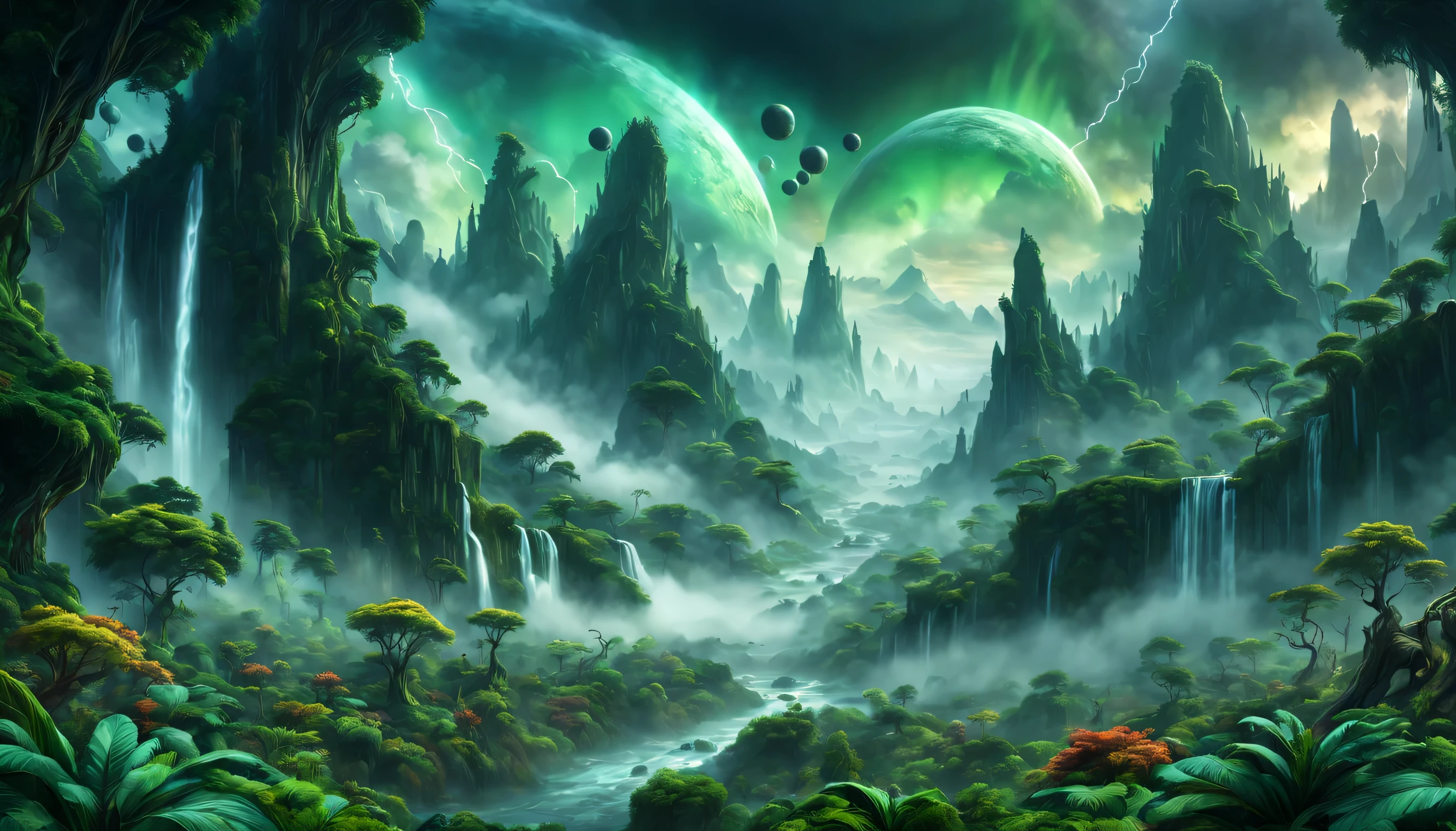 8k, fotorrealista, fantasy art, beautiful and green forest on an alien planet, Hermosos colores, Esferas flotantes, colorido cielo tormentoso, Bosques interminables, endless mountains, vastas cascadas, Nieblas, HDR, Ultra detalle