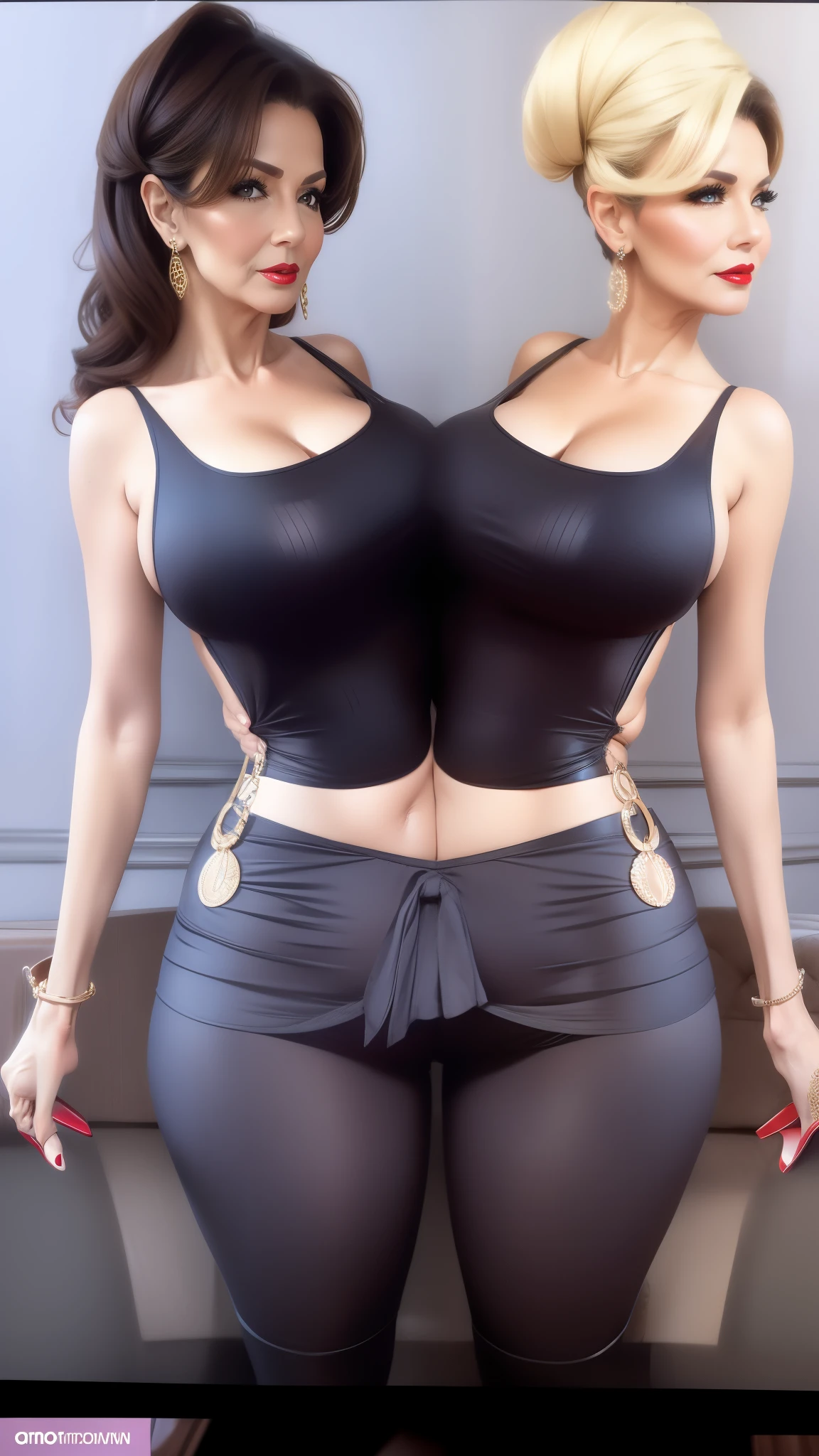 2 heads,Portrait of a 60 year old woman with short brown hair, captivating gaze, brown eyes, Wrinkles on her face, black pantyhose,high heel boots,Revealing her big sagging breasts, light makeup and red lips. 32K