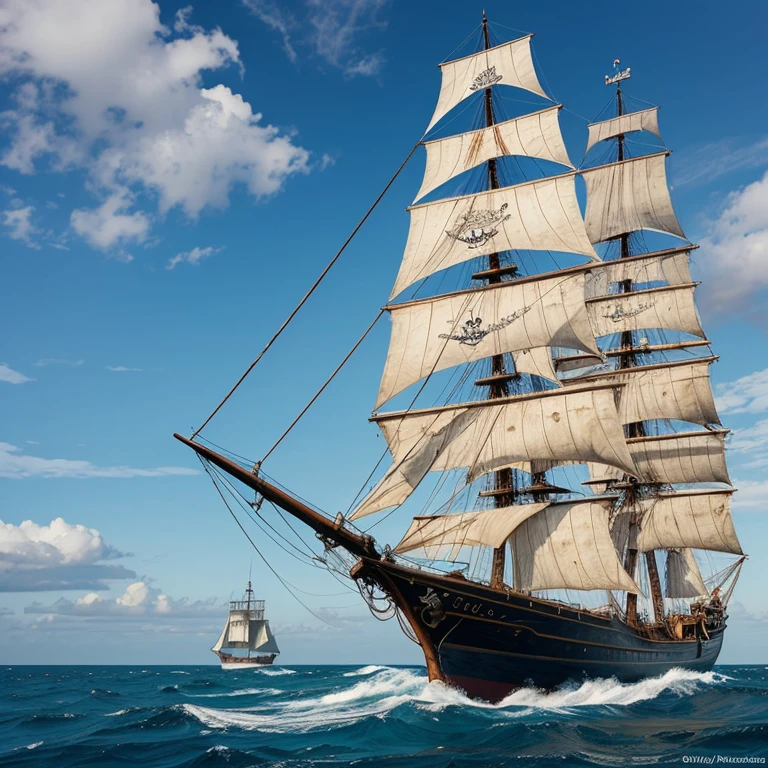Realistic pirate frigate sailing. Tattered sails billowing. Weathered hull. Jolly Roger flying. By maritime artist.