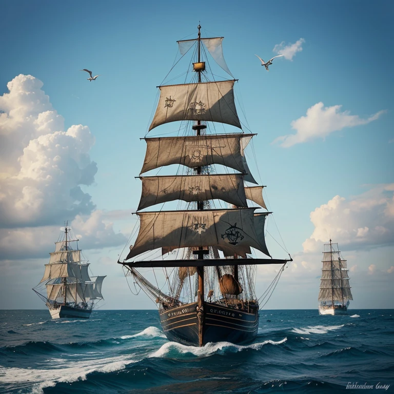 
Realistic pirate frigate sailing. Tattered sails billowing. Weathered hull. Jolly Roger flying. By maritime artist.