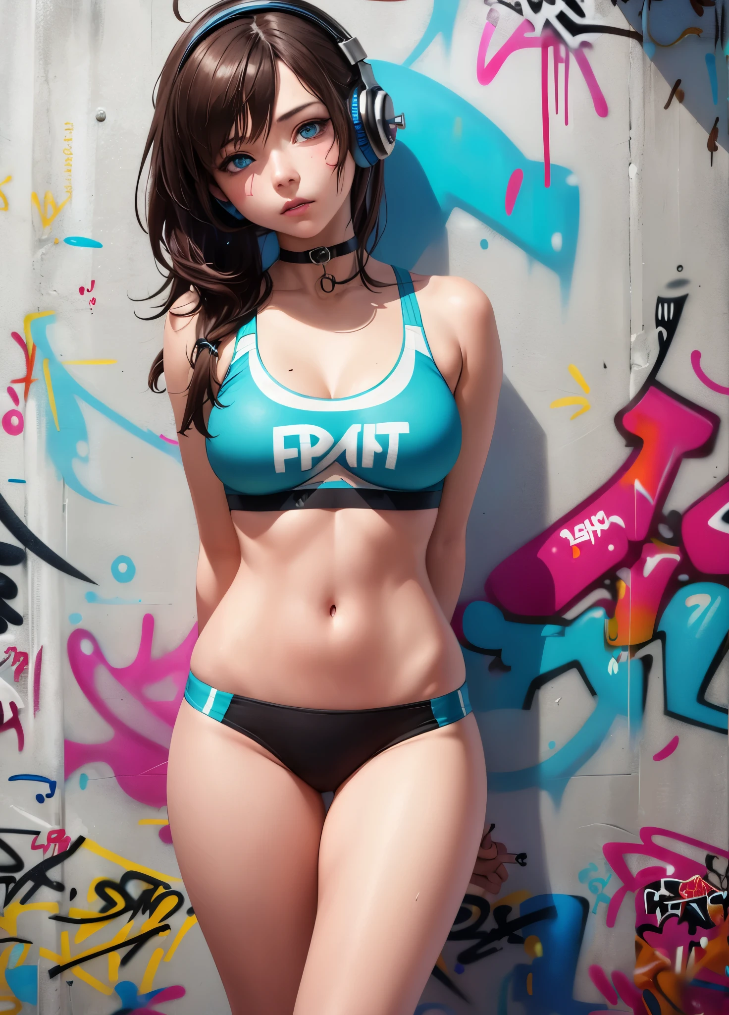 masterpiece, best quality, 1girl, solo, choker, (graffiti:1.5), paint splatter, arms behind back, against wall, looking at viewer, paint on body, head tilt, bored, multicolored hair, aqua eyes, headset, sports bra, panties, brown hair, blue eyes, realistic