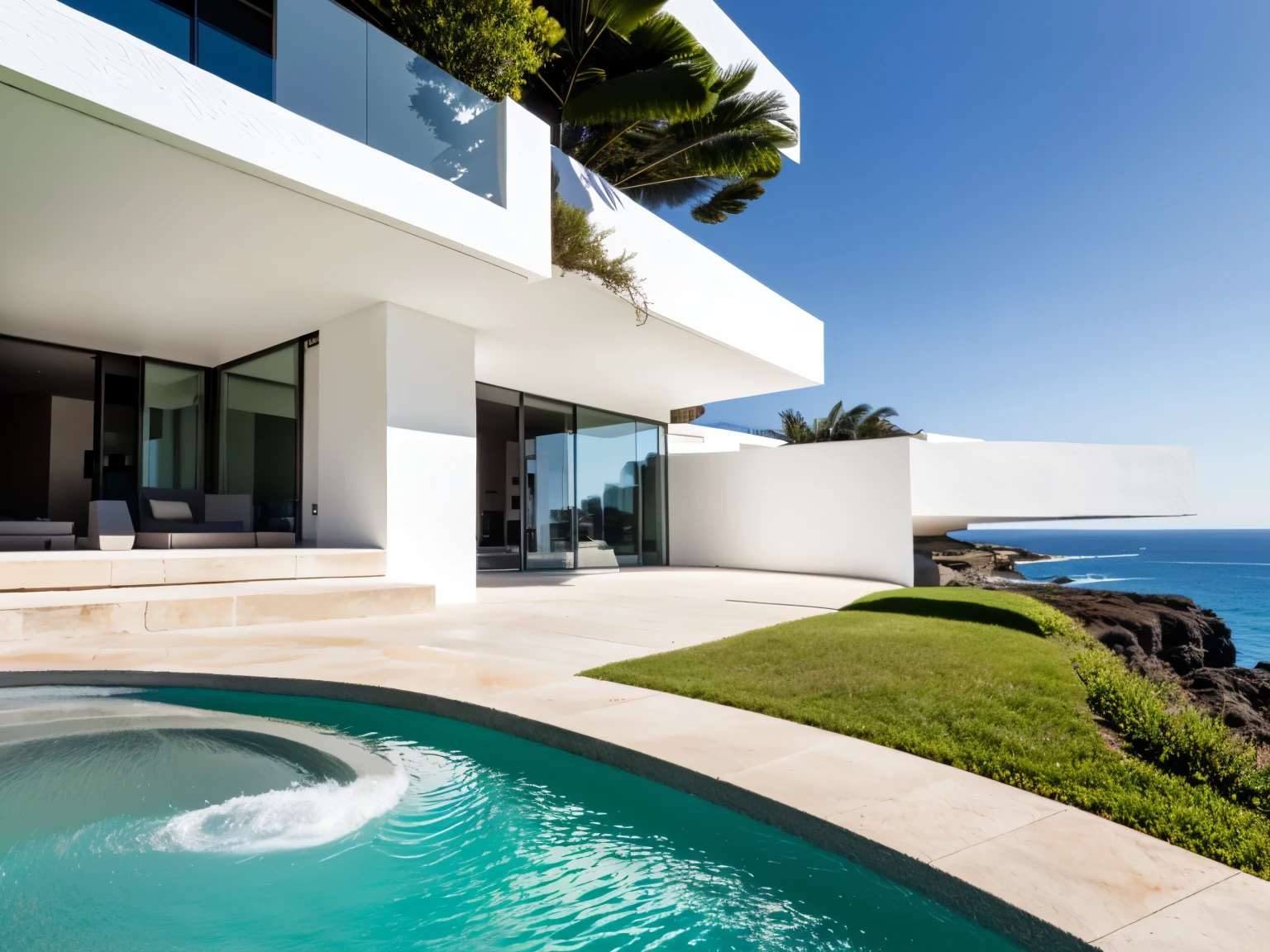 foto crua, (African contemporary building seen from outside), ((front elevation)), (limestone), Curvilinear, Mediterranean sea environment, white sky, (luz difusa:1.3) (areia Branca), estilo minimalista, particulas sujas, fotografia de arquitetura, hiper-realista, super detalhado, 8k, Nikon Z6 mirrorless camera, Film grain