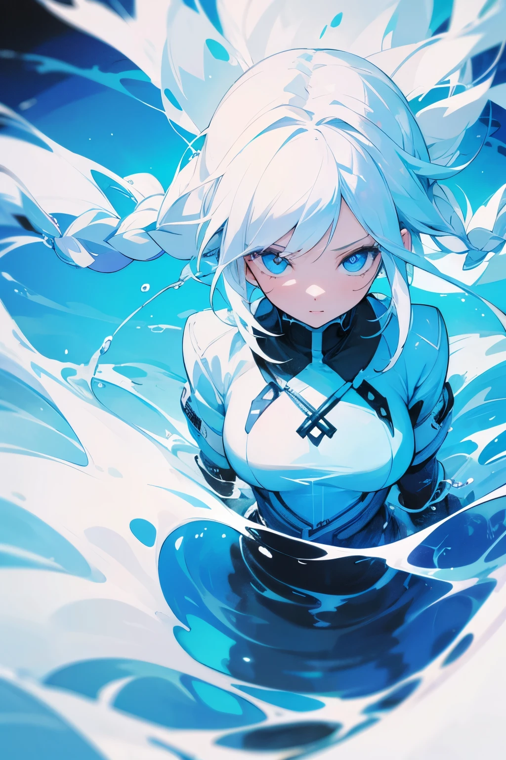1 girl, white hair, braids, blue eyes manipulating water, wallpaper, high contrast, colorful