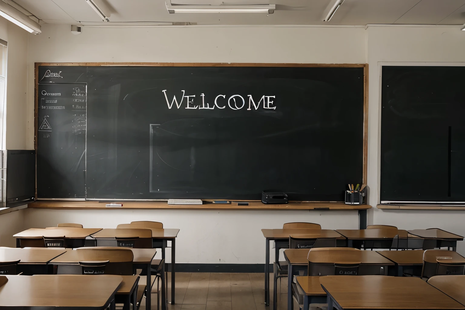 well-lit classroom, the blackboard says "Welcome"