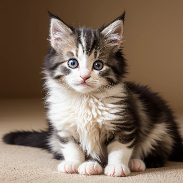 Adorable fluffy kitten. Playful demeanor. Big bright eyes. Soft fur. By pet portraitist.