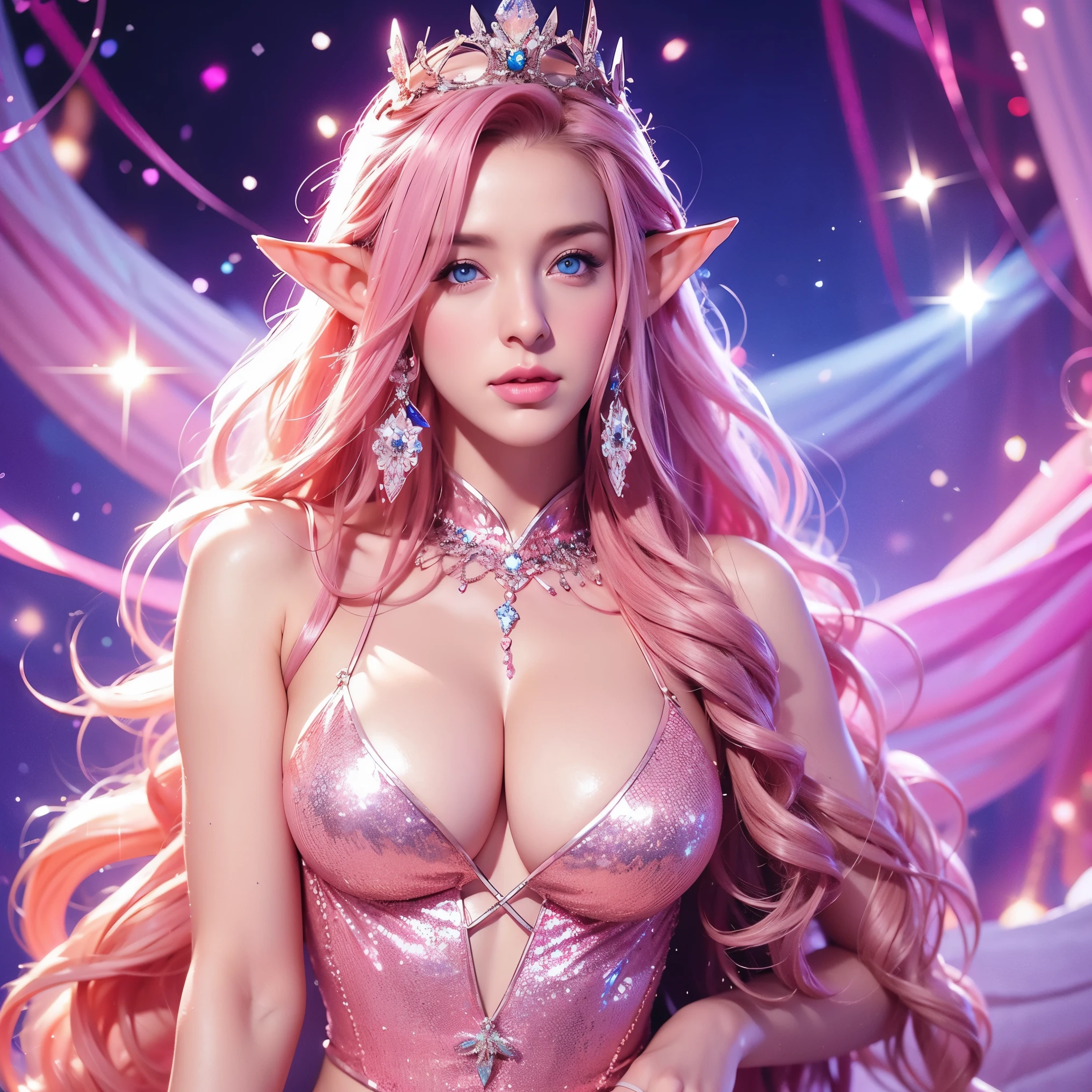 Woman, long curly hair, pink hair, blue eyes, elf, queen, sexy outfit, star magic background, magic, crown, Glitter, low-cut outfit, sexy, Elf ear, elf , Body front, magic background 