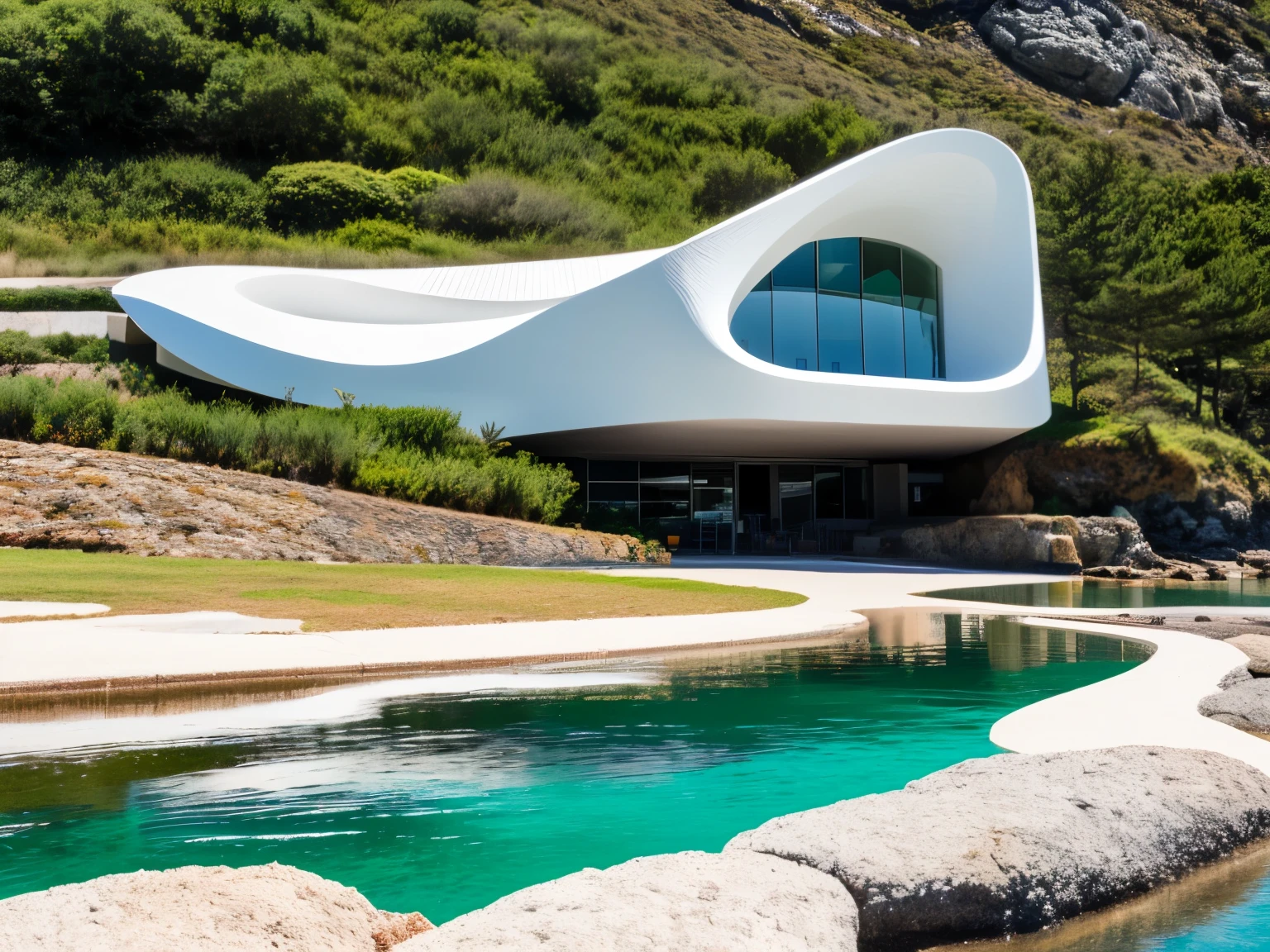 foto crua, (biomorphic museum building seen from outside), ((front elevation)), (limestone), Curvilinear, bordas curvas, Mediterranean sea environment, white sky, (luz difusa:1.3) (areia Branca), estilo minimalista, particulas sujas, fotografia de arquitetura, hiper-realista, super detalhado, 8k, Nikon Z6 mirrorless camera, Film grain