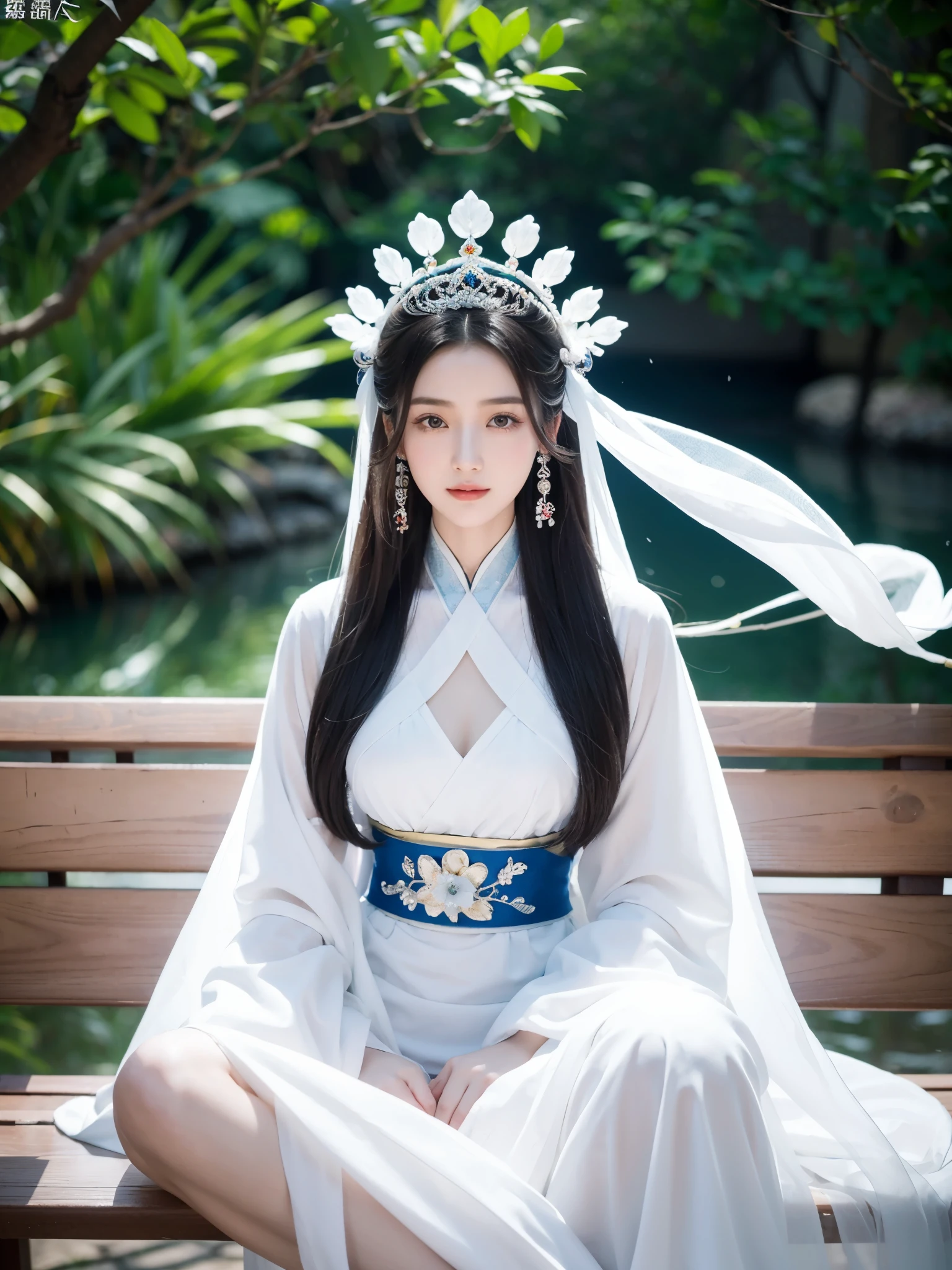 Alafid woman in white dress sitting on bench, beautiful fantasy queen, ((beautiful fantasy queen)), ancient chinese princess, Queen of the Sea Mu Yanling, white hanfu, xianxia fantasy, chinese princess, full body xianxia, ancient chinese beauties, xianxia, palace ， A girl wearing Hanfu, Inspired by Zhang Yin, large breasts, sexy