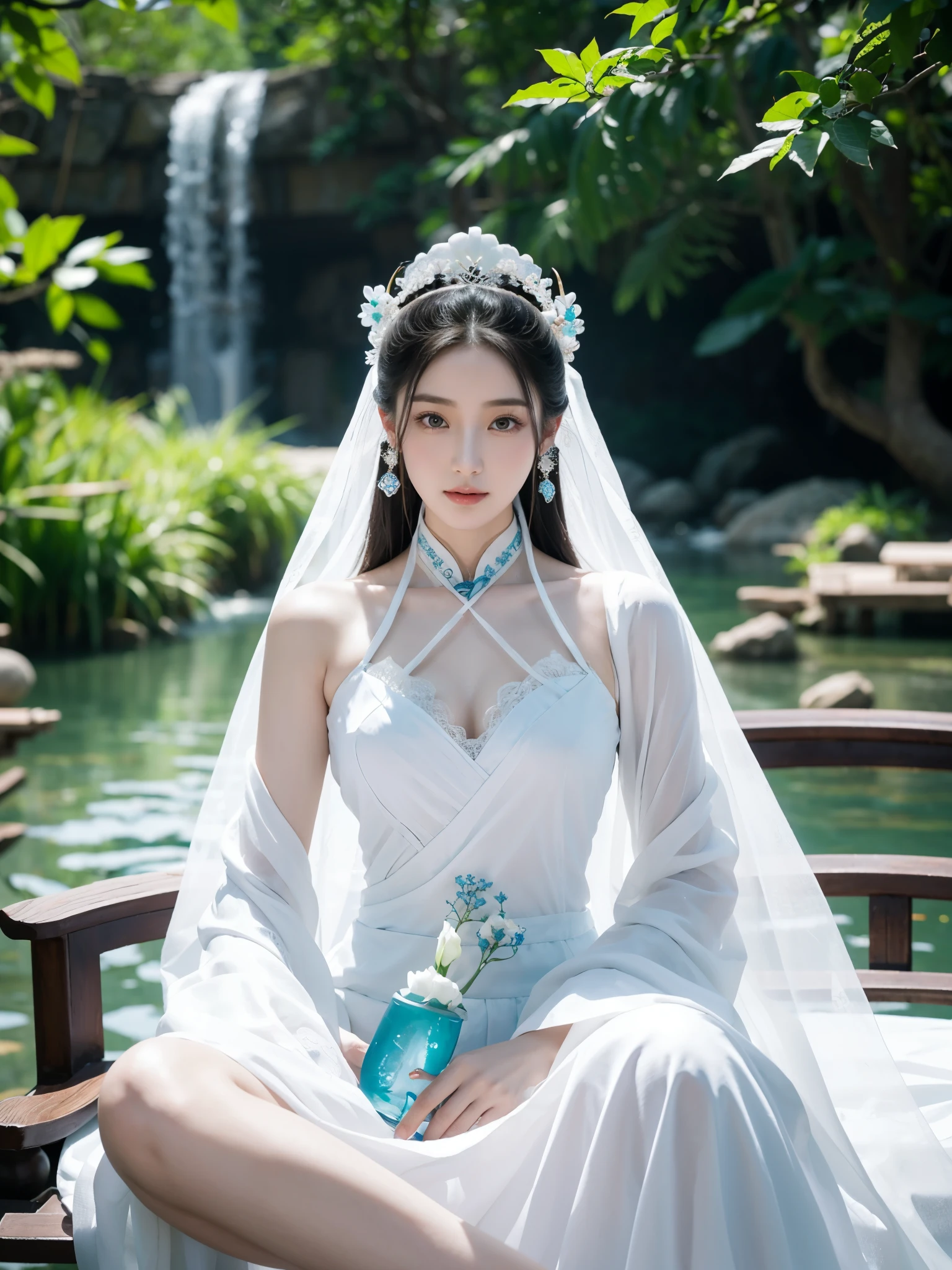 (bestquality、A masterpie:1.2)、Ultra High Res、lifelike、Front lighting、with intricate details、Exquisite details and textures、1girl、solo、(young)、Facial Highlights、fulllllbody、Detailed face、Teardrop mole、White Skin、Silver hair、ponytails、Braid hair、Watch your audience、s big eyes、Silk robes、(Hollow pattern、WHITE、silk)、ear ring、tiny breasts、Slim body、Luxurious room、professional Lighting、Photon mapping、 Radiosity、physically based rendering、(((pull up skirt、White lace panties visible))
