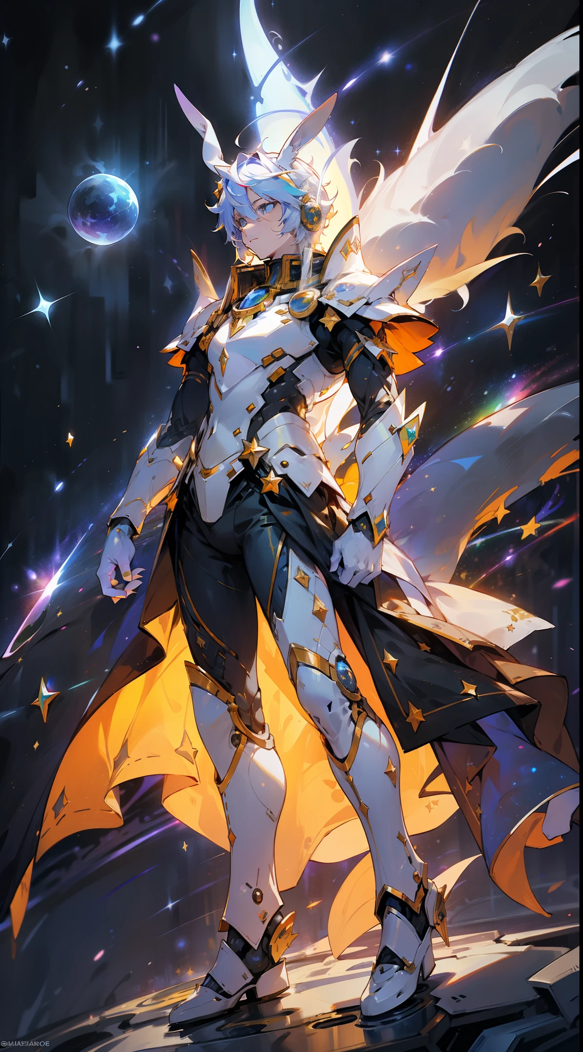 (The star emperor, the white rabbits: 1.2) with rainbow-colored hair and cosmic armor，full-body portraits，Walk among the stars，rainbow colored cosmic nebula background，galaxias