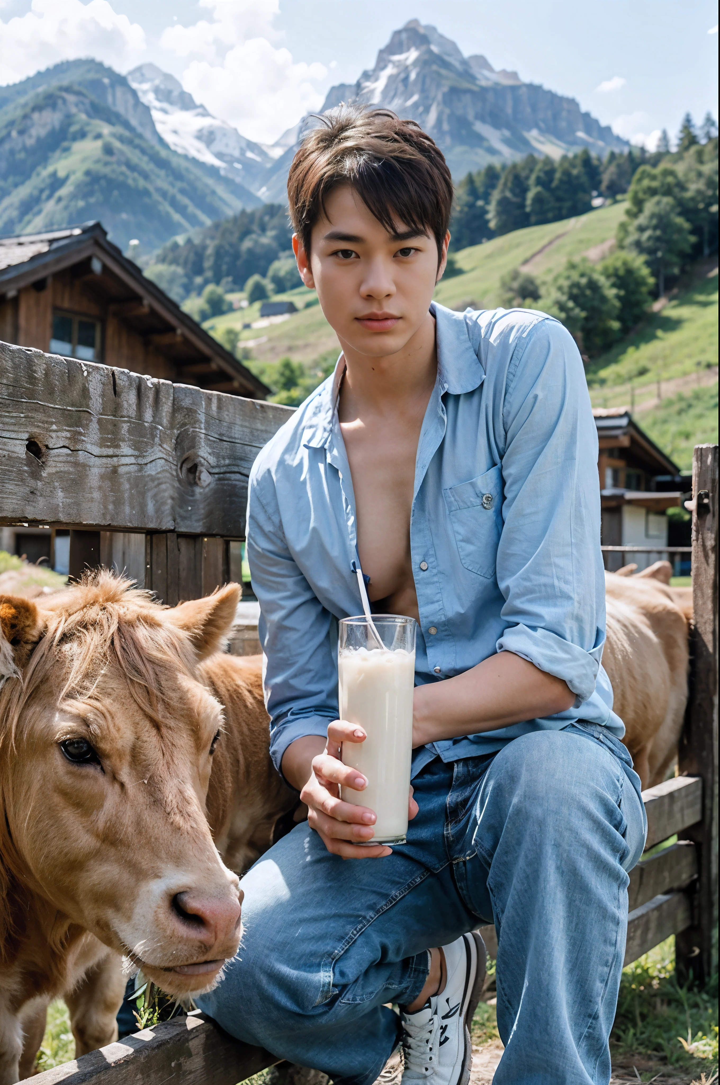full body, wide shoot, cinematic, portrait of 25 year old Korean man, trapezoid fit body, two blocks of hair, wearing a sky blue shirt, blue jeans, white sneakers, feeding Australian cows while drinking milk, view of Swiss Grass in front of the fence wood, romantic atmosphere with bokeh background with green meadows, trees and mountains seen from a distance, realistic image, low angle shot, friendly face looking at the camera