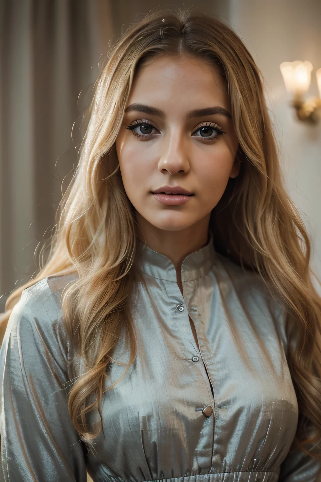 Portrait of a very beautiful 24 year old Arab woman , ((She is wearing a modest dress )). , raw, Pretty woman, (Blonde hair with very long waves), Amazing hair ,Hazel green eyes  , , (Detailed face: 1.2)), (detailed facial features)), (soft skin), Pale skin, , Perfect face, Beautiful Face, high the details,(Cold color), patient, Moist, reflection, (Masterpiece) ( Perfect proportions) (Realistic pictures) (Highest quality) (the details) The photos were taken with a Canon EOS R5, 50mm lens, F/2.8, Human development report, (8k) (Dubai) (Film lighting) (Dramatic lighting) (Intense focus) (complicated) fashion, Full body shot.