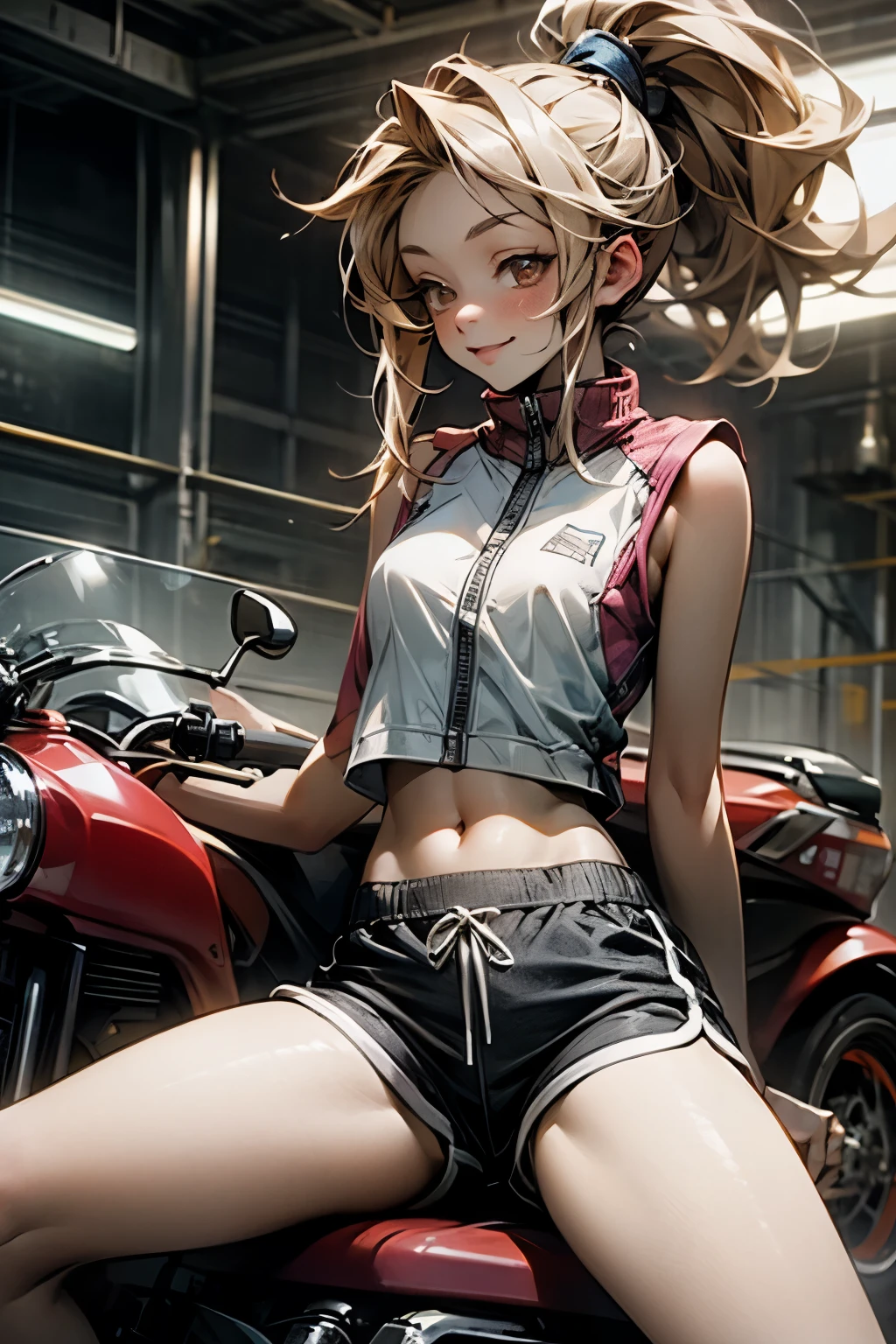 there is a naked anime female wearing a black undershirt sitting upon the motorcycle, 1 girl, alone, navel, shorts, thigh, breast, black shorts, long hair, blonde hair, bare shoulders, diaphragm, crop top, Naked arms, Stomach, sleeveless, , dolphin shorts, Smile, ponytail, looking at the audience, shirt, spread legs, sitting, brown eyes, sleeveless shirt, white shirt