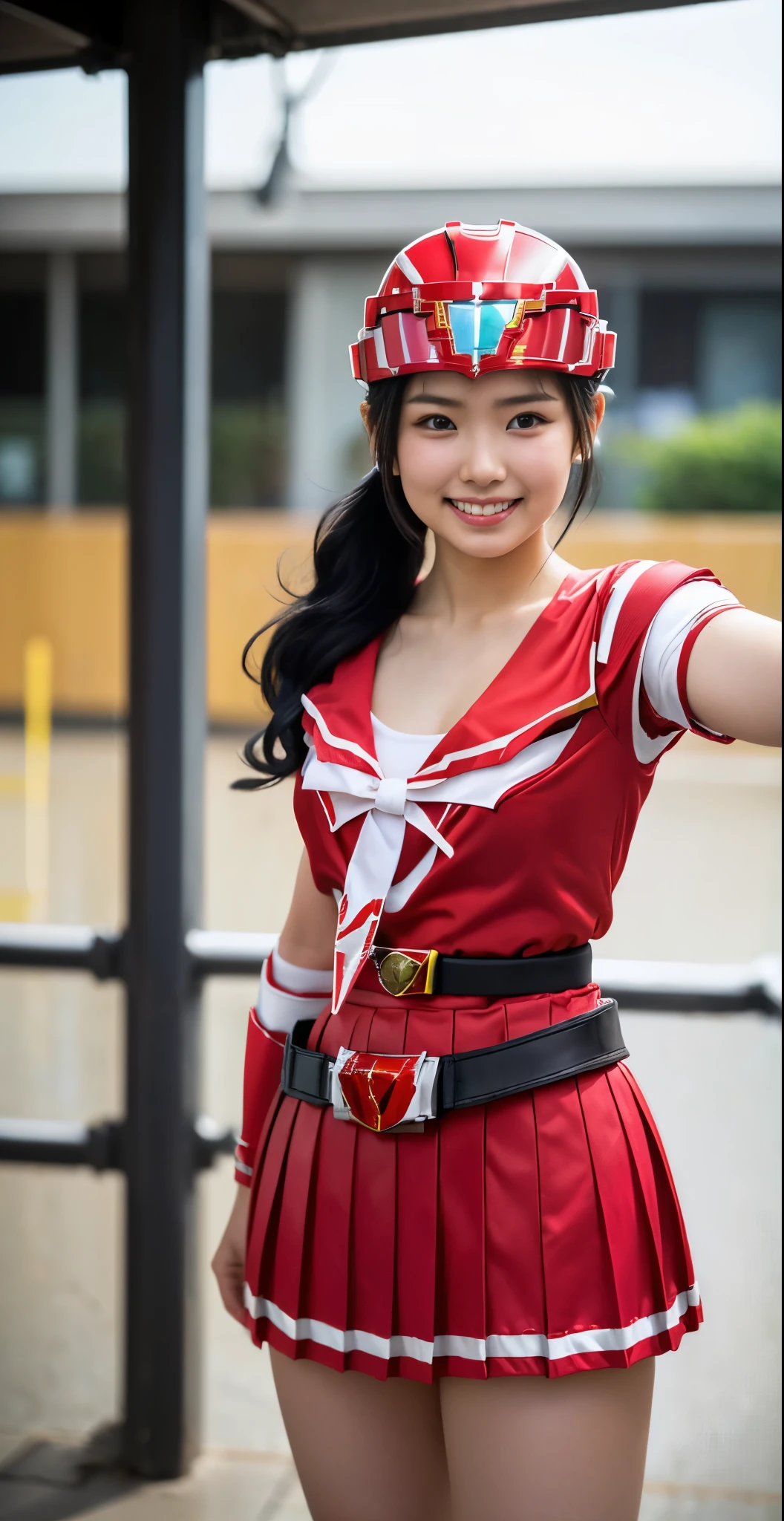 （8K、Raw photography、highest quality、masterpiece：1.2),(black haired:1.9),(twin tails、curly hair:1.3)、show viewer,Looking at the front,erotic,white skin,(She is wearing the costume of the beautiful warrior Red Ranger.:1.8)、(Clothing that emphasizes the shape of your chest:1.4)、(big breasts:1.2)、slim body shape、ultra high resolution,beautiful,beautiful fece,(alone, alone、no background:1.9),whole bodyボディー,japanese woman,（Photoreal：1.37）、photon mapping,reality、(Cute with a baby face: 1.5)、(cute smile: 1.7)、(With a round face: 1.8)、radio city、Physically based rendering、depth of field rally background、photograph, (I can see your knees,close up of thighs、too short skirt:1.5),whole body、super fine