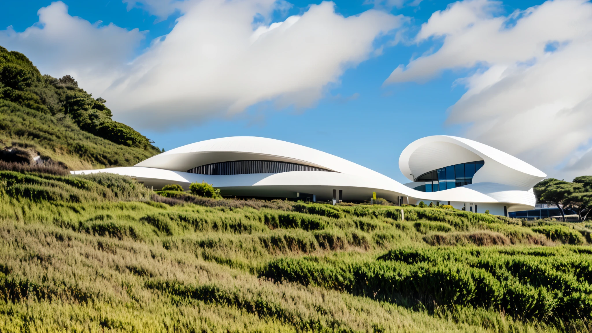 foto crua, (biomorphic museum building seen from outside), ((front elevation)), (limestone), Curvilinear, bordas curvas, Mediterranean sea environment, white sky, (luz difusa:1.3) (areia Branca), estilo minimalista, particulas sujas, fotografia de arquitetura, hiper-realista, super detalhado, 8k, Nikon Z6 mirrorless camera, Film grain
