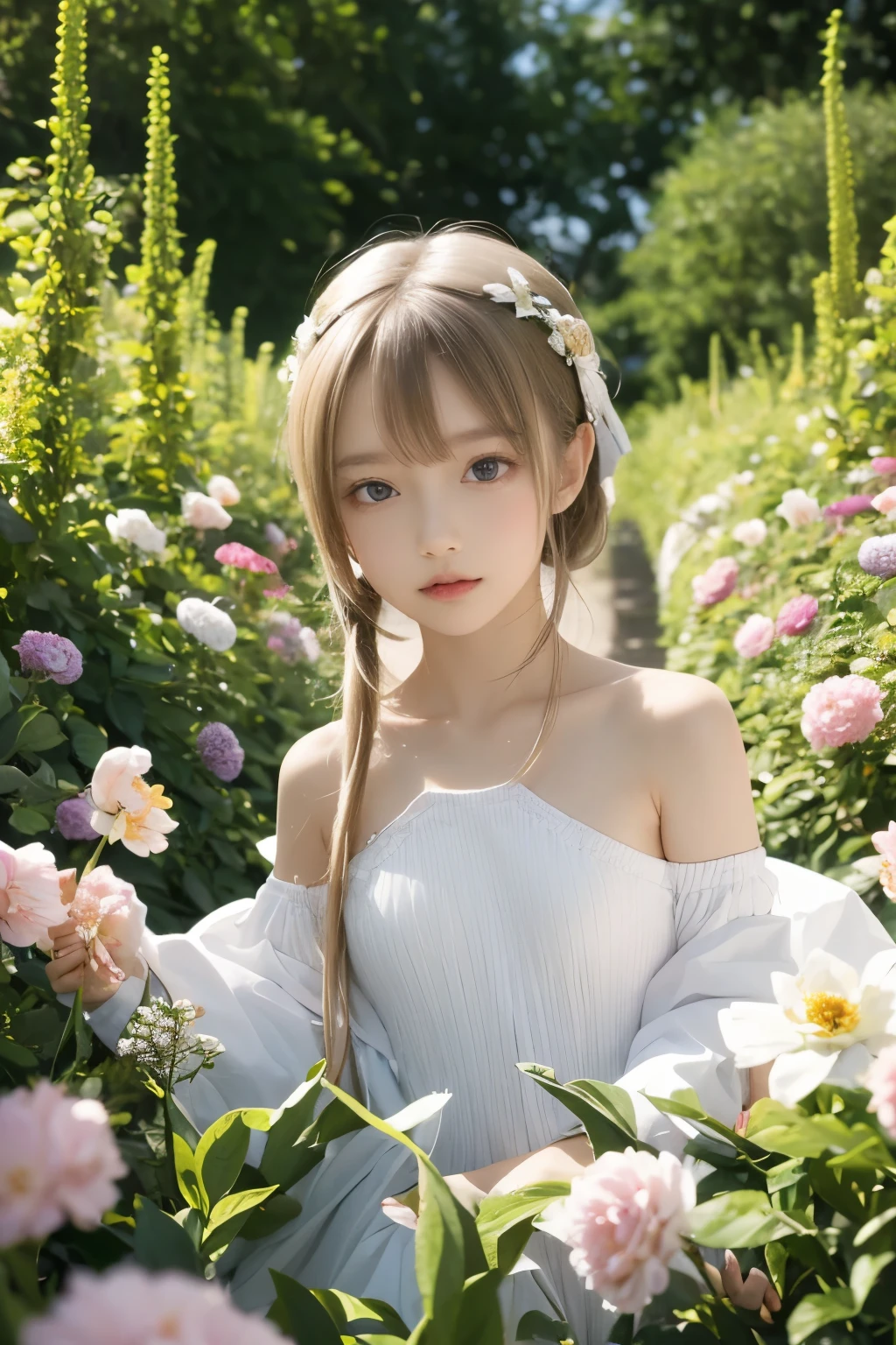 (Highly detailed CG Unity 8K wallpaper), the most beautiful works of art in the world, , 10 years old, blonde, twin tails, slim and young body, white skin, topless,  with beautiful face, aristocratic garden, beautiful garden with blooming flowers, fantasy, cinematic lighting