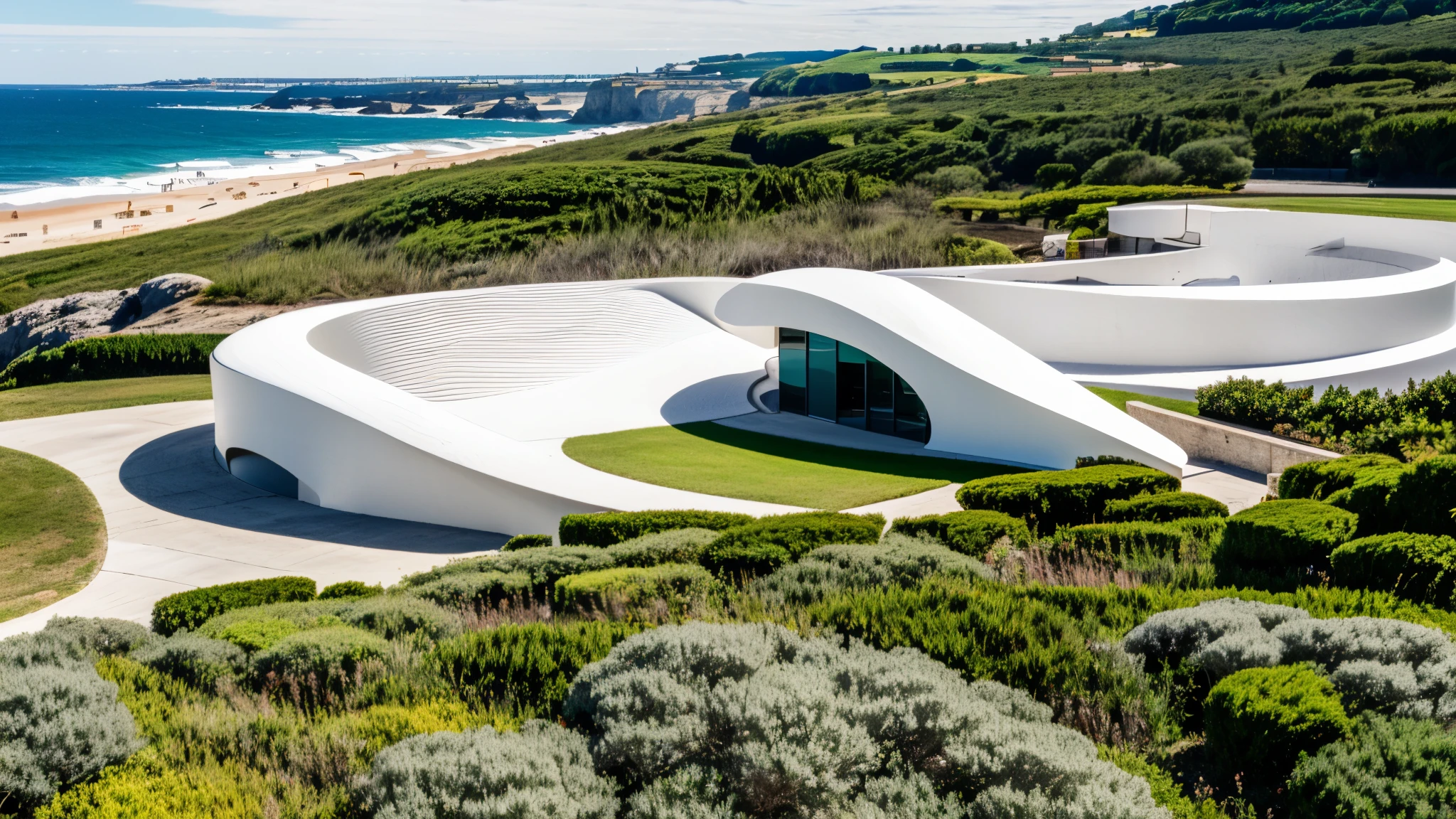 foto crua, (biomorphic museum building seen from outside), ((front elevation)), (limestone), Curvilinear, bordas curvas, Mediterranean sea environment, white sky, (luz difusa:1.3) (areia Branca), estilo minimalista, particulas sujas, fotografia de arquitetura, hiper-realista, super detalhado, 8k, Nikon Z6 mirrorless camera, Film grain