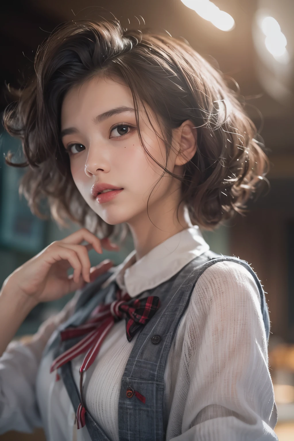 highest quality, masterpiece, (realistic:1.4), 1 girl, light smile, collared shirt, Upper body, dramatic lighting, from below