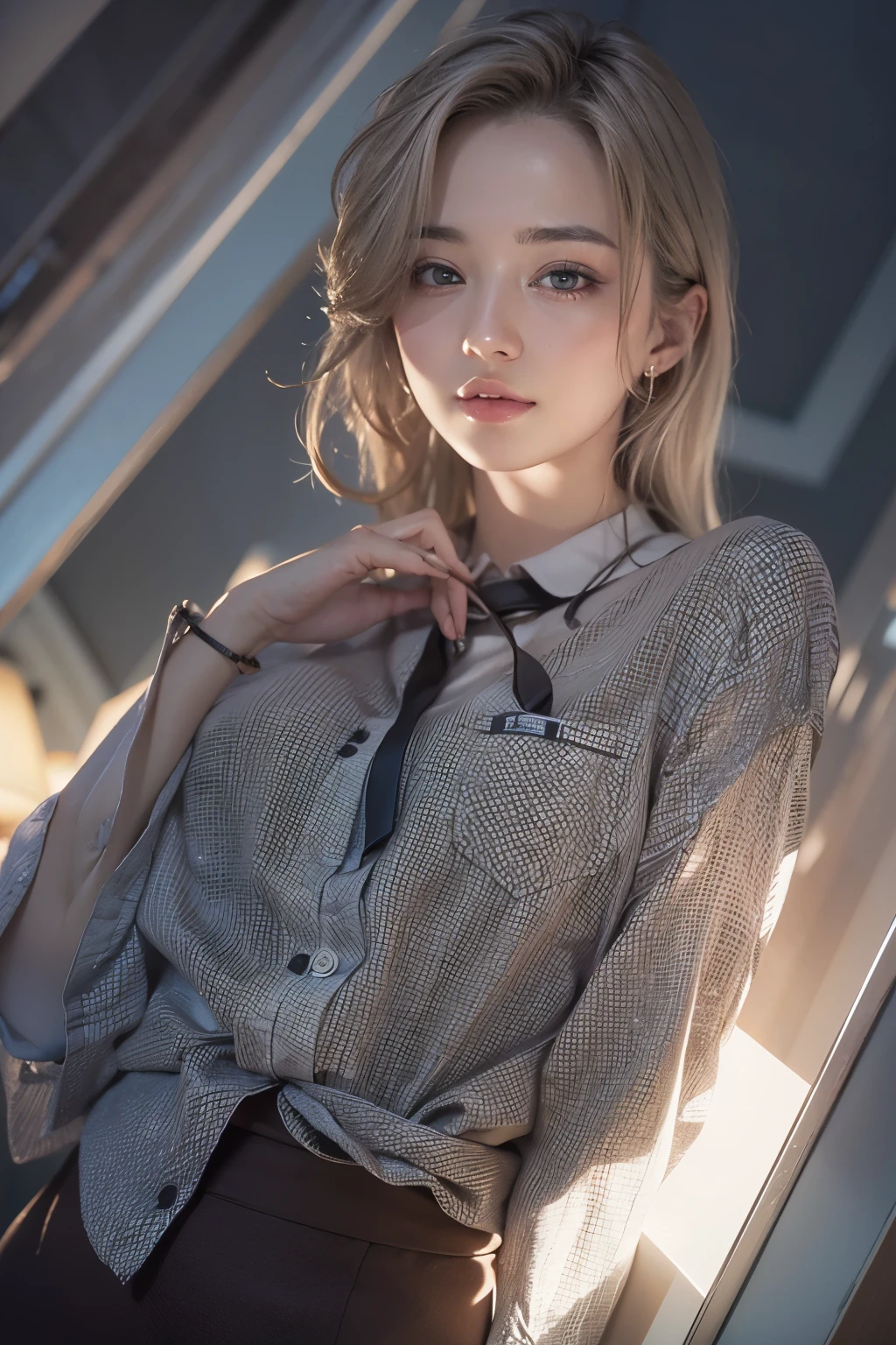 highest quality, masterpiece, (realistic:1.4), 1 girl, light smile, collared shirt, Upper body, dramatic lighting, from below