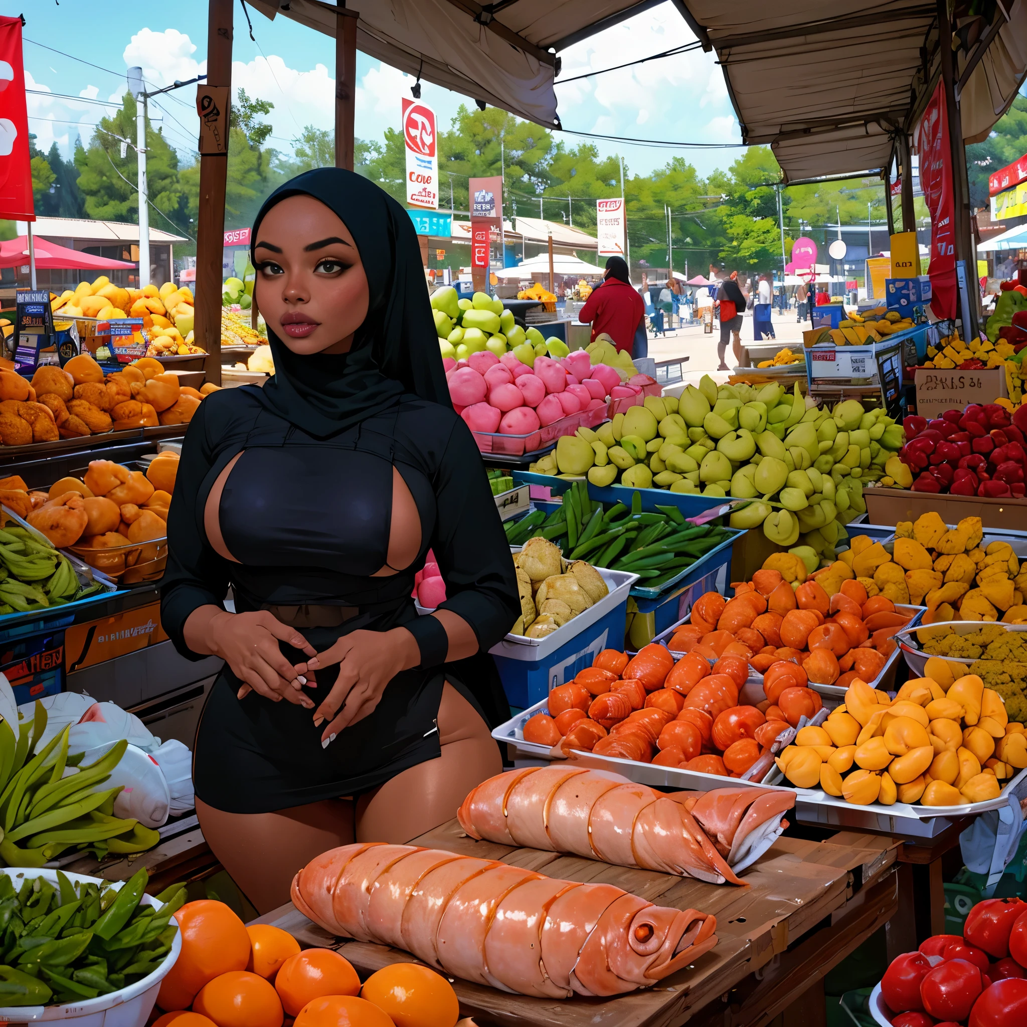 "a thick Malay woman(age 30),huge breasts,black hijab,black mini skirt,no panties,string bikini top,knee high boots,shopping in market,illustration,vivid colors,highres,physically-based rendering,detailed face features,beautiful eyes,detailed lips,expressive face,intense gaze,confident posture,colorful fruits and vegetables,exotic spices,fresh fish and seafood,filled market stalls,bustling crowd,sunny weather,bustling market stands"