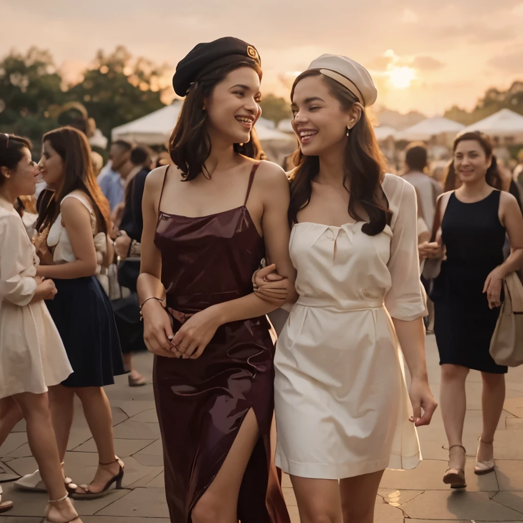A pair of women walking amongst a crowd. beautiful mixed race women. laughing, talking to friends. intimate candid photo. linked arms. Outside at a modern busy music festival. Dressed in retro dresses, pastiche 1940s outfits, hats. Holding glasses of wine. Evening sunset. Retro slide film vibe