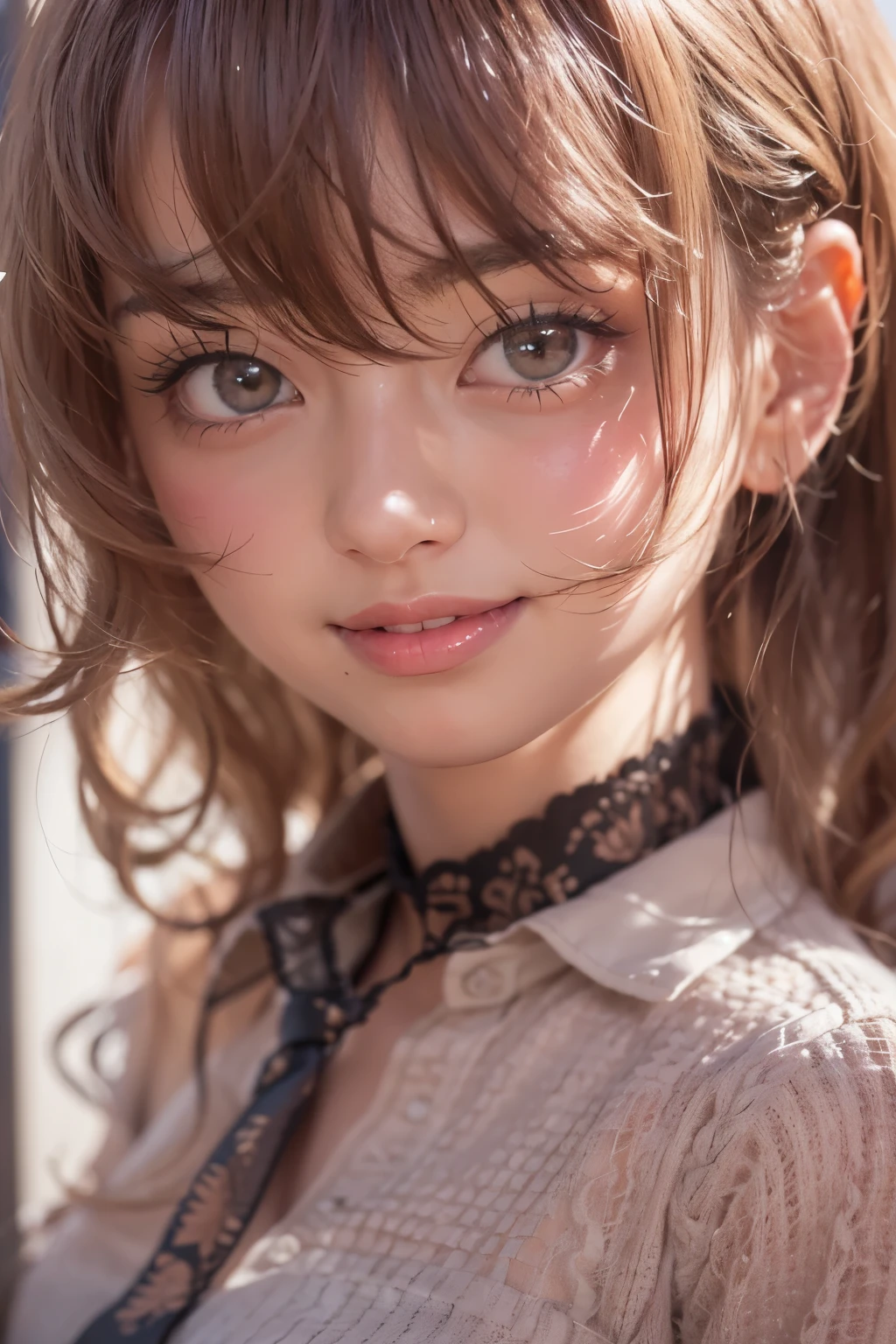 highest quality, masterpiece, (realistic:1.4), 1 girl, light smile, collared shirt, Upper body, dramatic lighting, from below