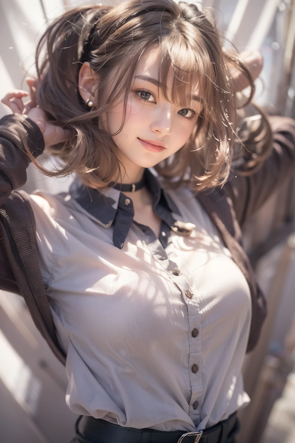 ((mesa, mejor calidad, high resolution, nffsw, pixel perfect, 4k, nffsw, nffsw))), 1 chica en, soltero, Solo, belleza、cuerpo completo visto、 ((Cabello Ondulado Medio, golpes, By the chestnut)), ((de ojos marrones, beautiful eyelashes, ojos realistas)), ((cara detallada, rubor:1.2)), ((textura suave:0.75, textura realista:0.65, fotorrealista:1.1, estilo anime generado por computadora)), pechos medianos, dynamic angle, cuerpo perfecto, ((pajarita roja, , chaqueta negra, chaqueta abierta, brown cardigan, Camisa blanca, Falda negra, faldas a cuadros)), escalera de la ciudad、Mirando hacia arriba desde el pie de las escaleras.、very embarrassing panic smile., volteado、bending forward、(The wind blew up my skirt and exposed my butt.........................、Tocar las nalgas con ambas manos.、bragas de encaje floral rosa)、