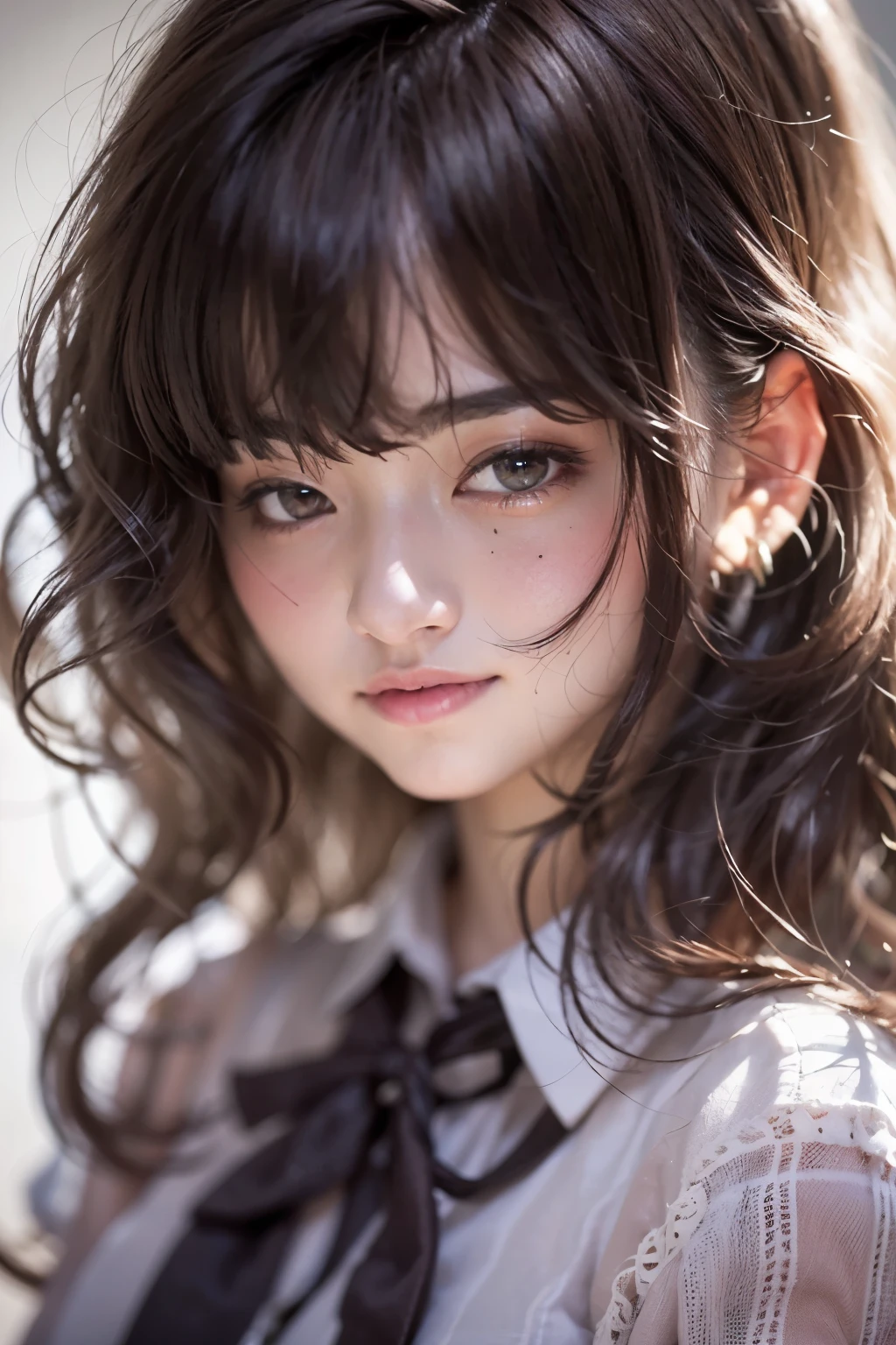 highest quality, masterpiece, (realistic:1.4), 1 girl, light smile, collared shirt, Upper body, dramatic lighting, from below