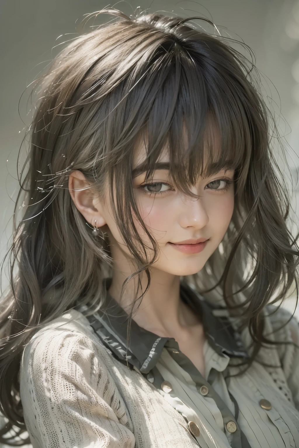 highest quality, masterpiece, (realistic:1.4), 1 girl, light smile, collared shirt, Upper body, dramatic lighting, from below
