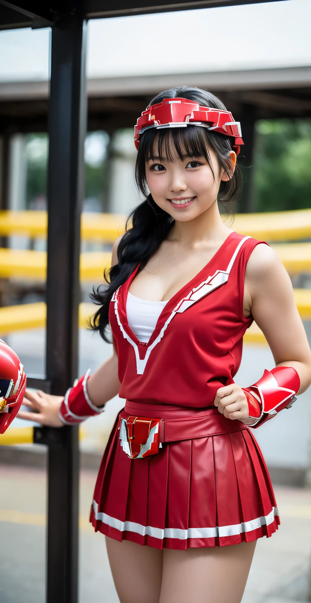 （8K、Raw photography、highest quality、masterpiece：1.2),(black haired:1.9),(twin tails、curly hair:1.3)、show viewer,Looking at the front,erotic,white skin,(She is wearing the costume of the beautiful warrior Red Ranger.:1.8)、(Clothing that emphasizes the shape of your chest:1.5)、(big breasts:1.3)、slim body shape、ultra high resolution,beautiful,beautiful fece,(alone, alone、no background:1.9),whole bodyボディー,japanese woman,（Photoreal：1.37）、photon mapping,reality、(Cute with a *********: 1.5)、(cute smile: 1.7)、(With a round face: 1.8)、radio city、Physically based rendering、depth of field rally background、photograph, (I can see your knees,close up of thighs、too short skirt:1.5),whole body、super fine